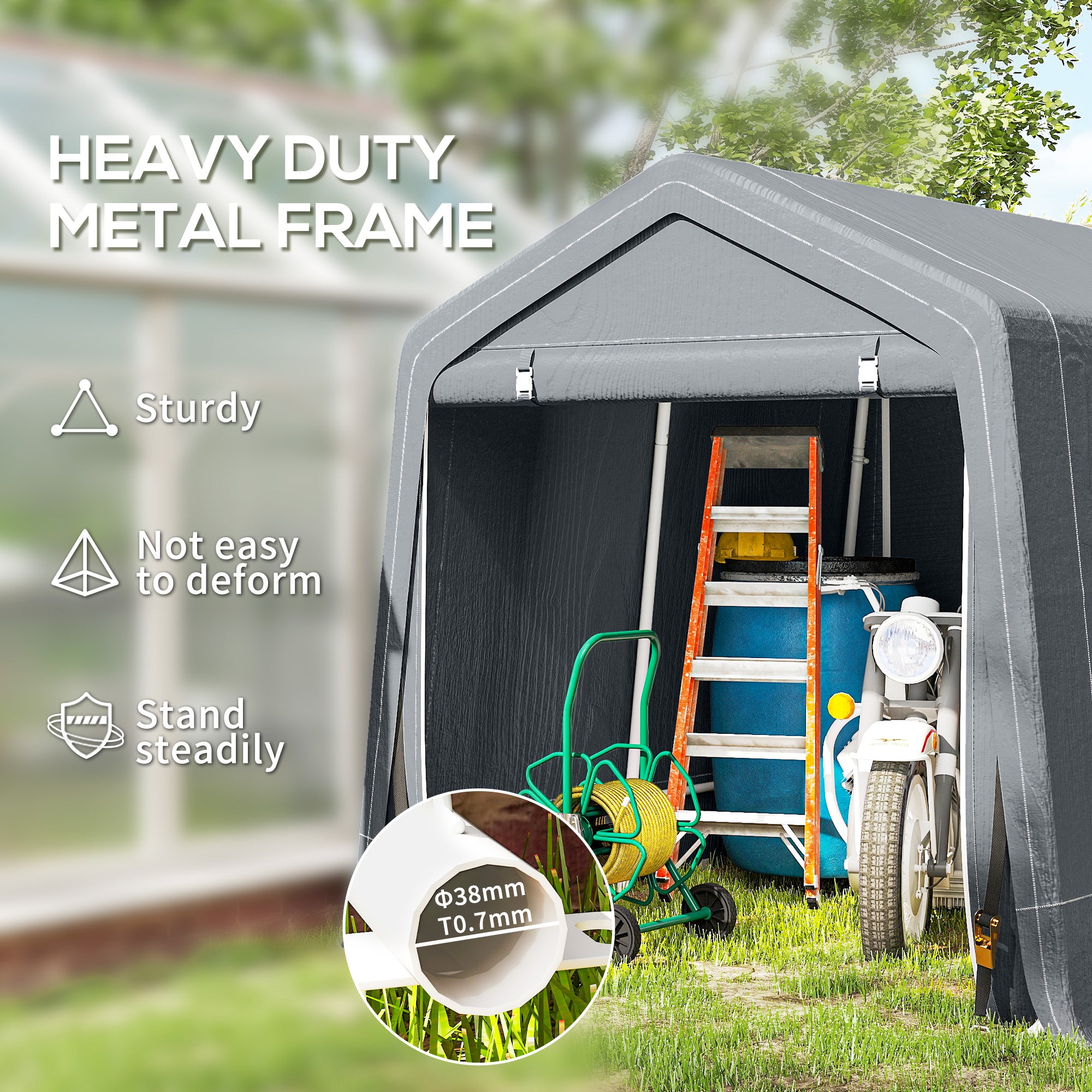 Outsunny 8 x 6.5 ft Outdoor Garden Storage Shed, Waterproof Bike Tent w/ Double Roll-up Zipper Door for Garden Tools, Dark Grey - anydaydirect