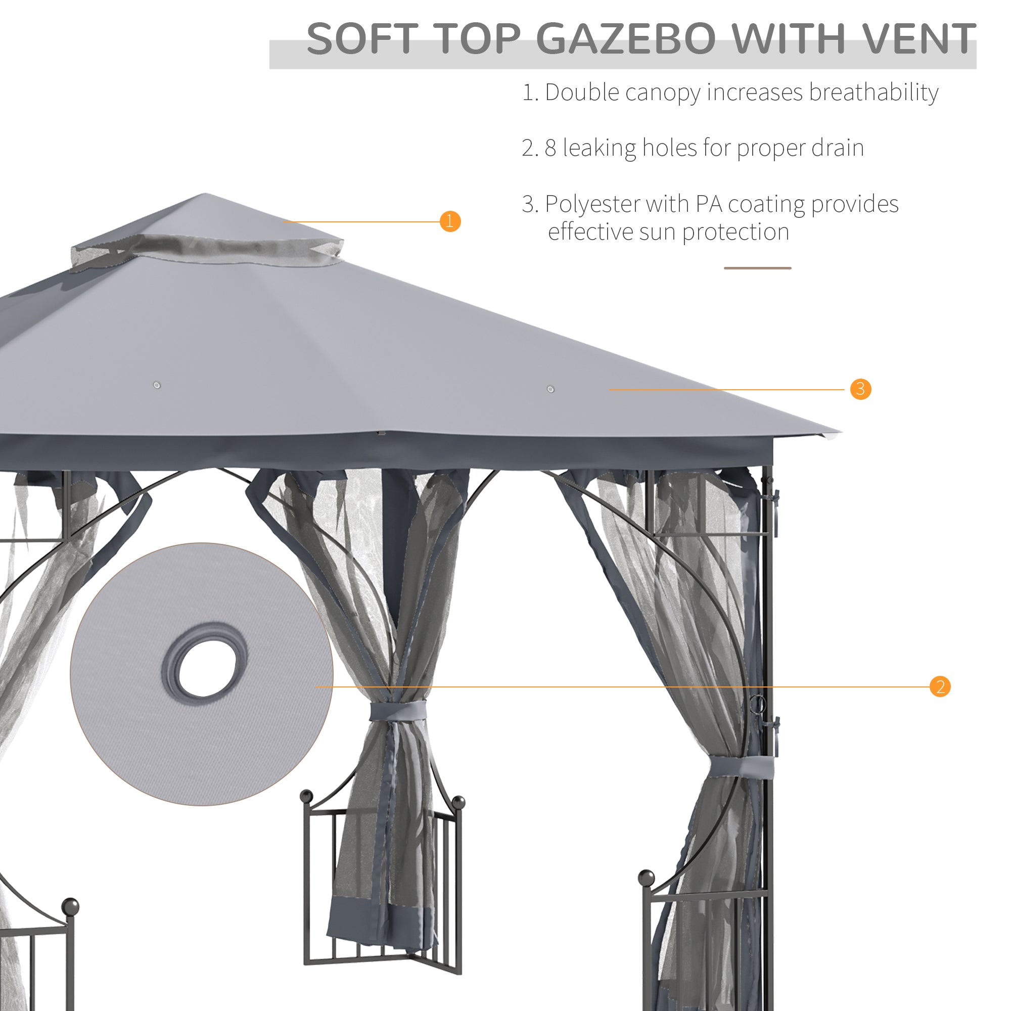 Outsunny 3 x 3(m) Garden Gazebo Patio Party Tent Shelter Outdoor Canopy Double Tier Sun Shade Metal Frame Netting, Light Grey - anydaydirect