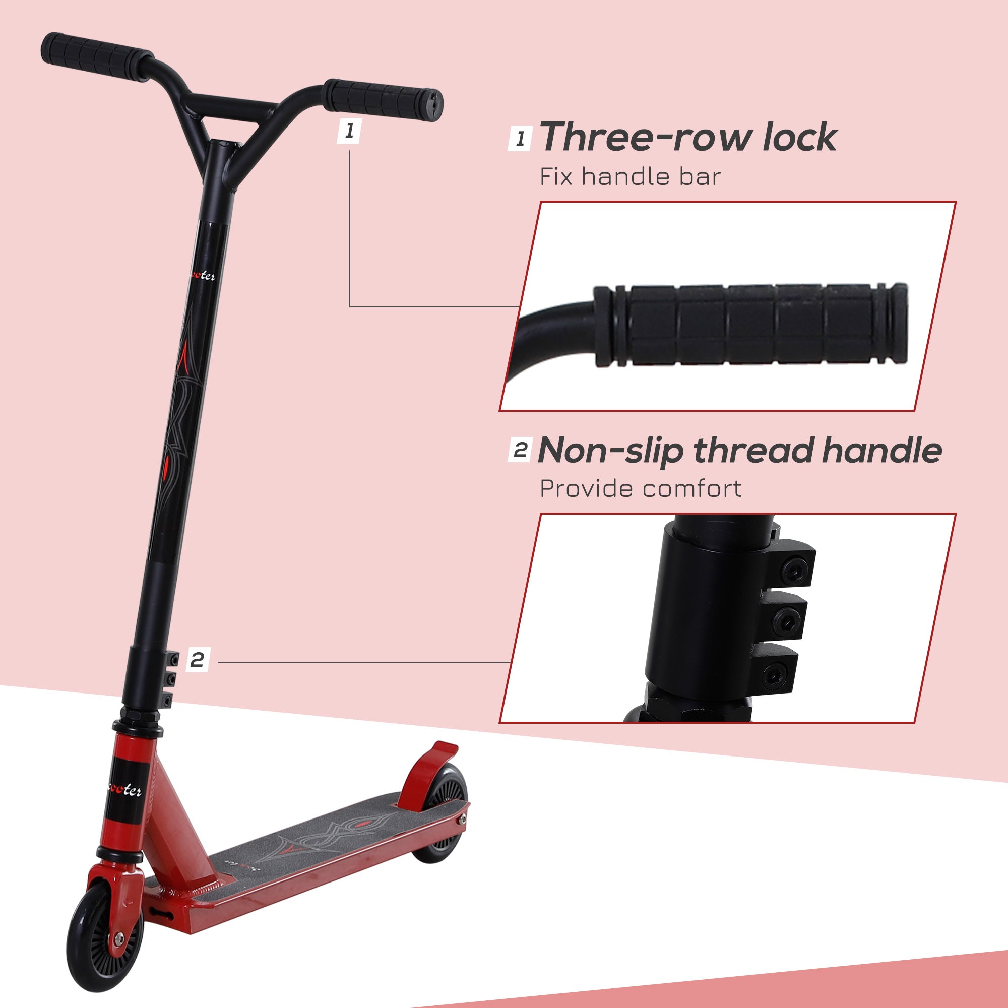 HOMCOM Street Stunt Scooter Intermediate and Beginner Freestyle Tricks Scooters For 14+ Teens Adult w/ Rear ?10cm Wheel & Brake - Red - anydaydirect
