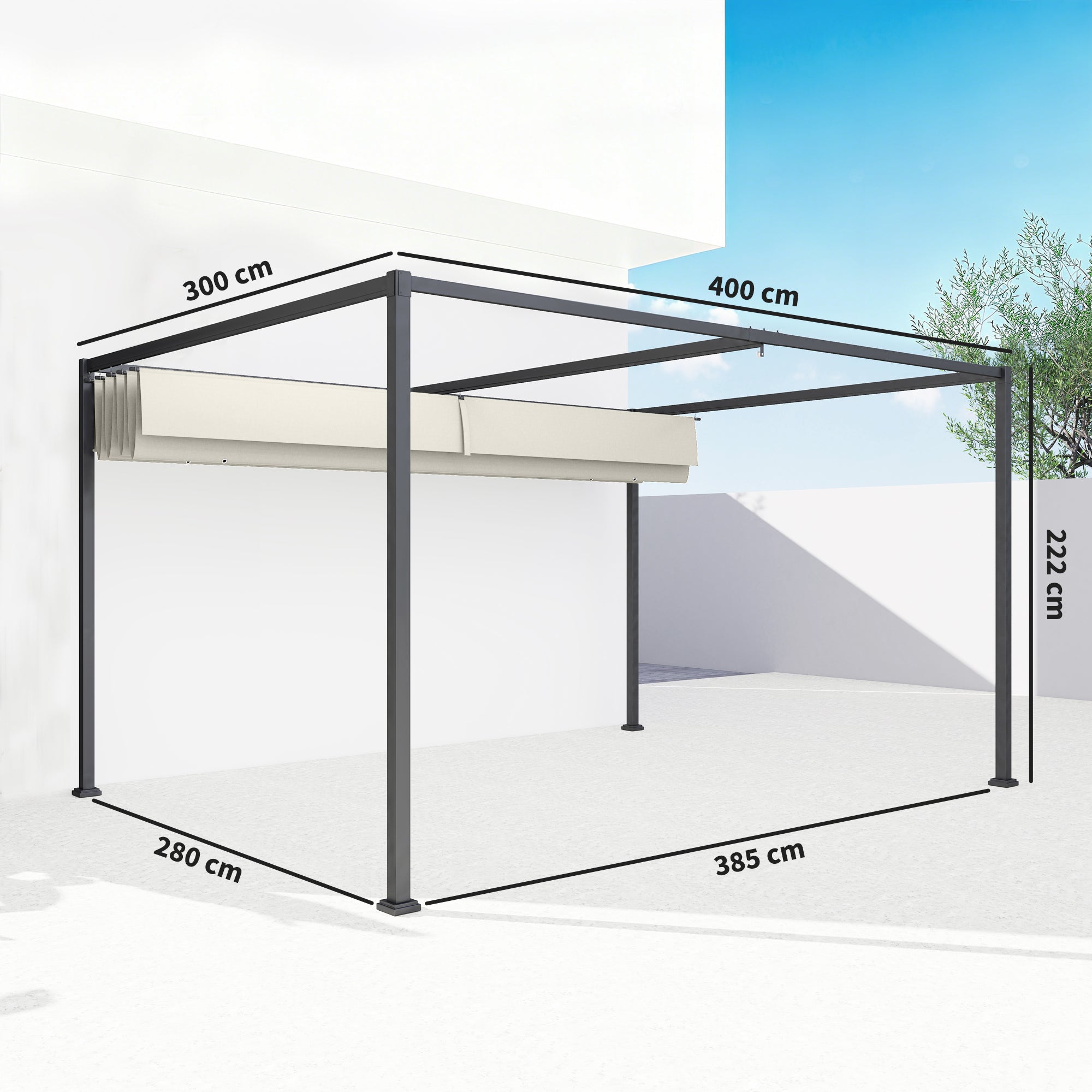 Outsunny 4 x 3(m) Metal Pergola with Retractable Roof, Garden Gazebo Canopy Shelter for Outdoor, Patio, Cream White - anydaydirect