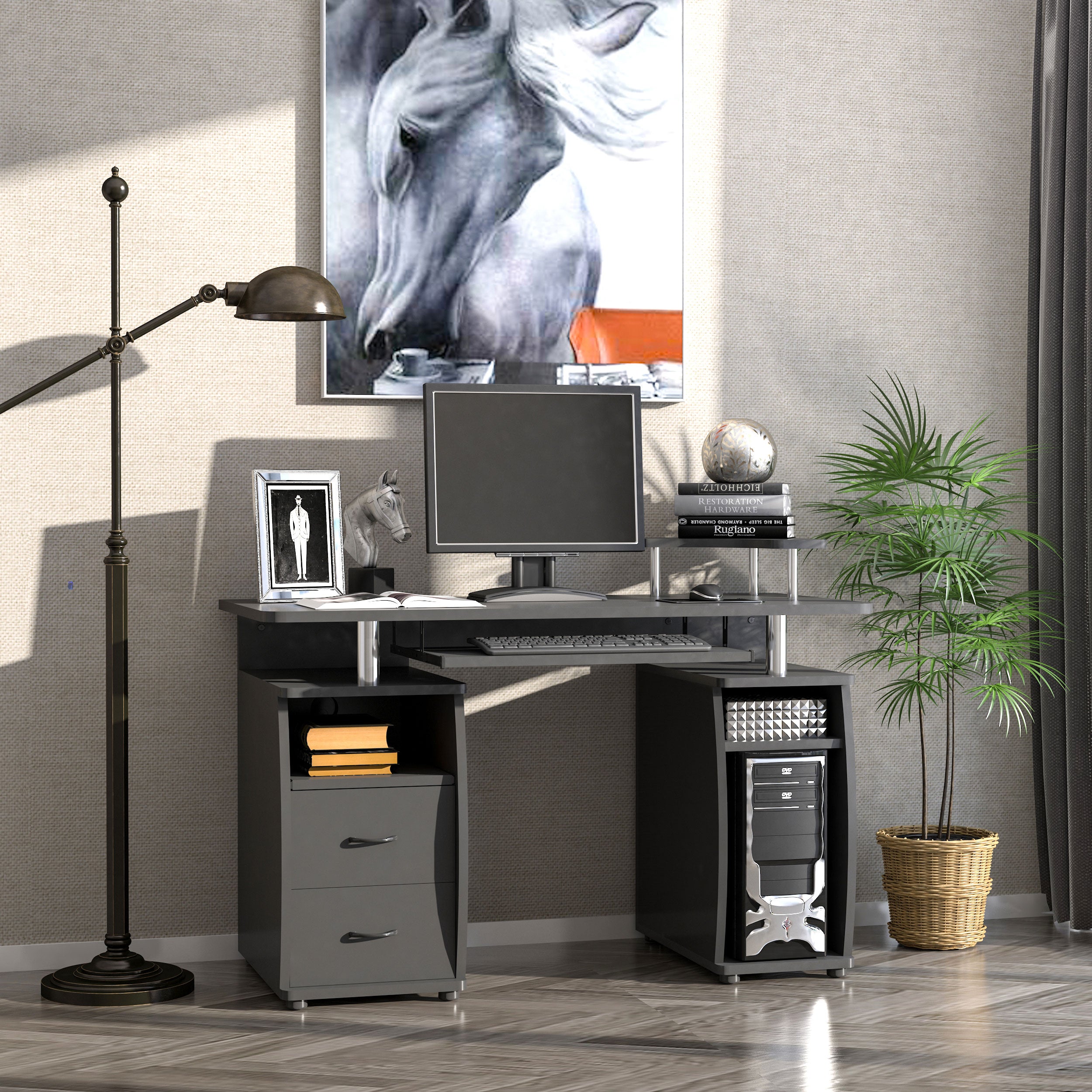 HOMCOM Computer Desk Office PC Table Workstation with Keyboard Tray, CPU Shelf, Drawers, Sliding Scanner Shelf, Black - anydaydirect