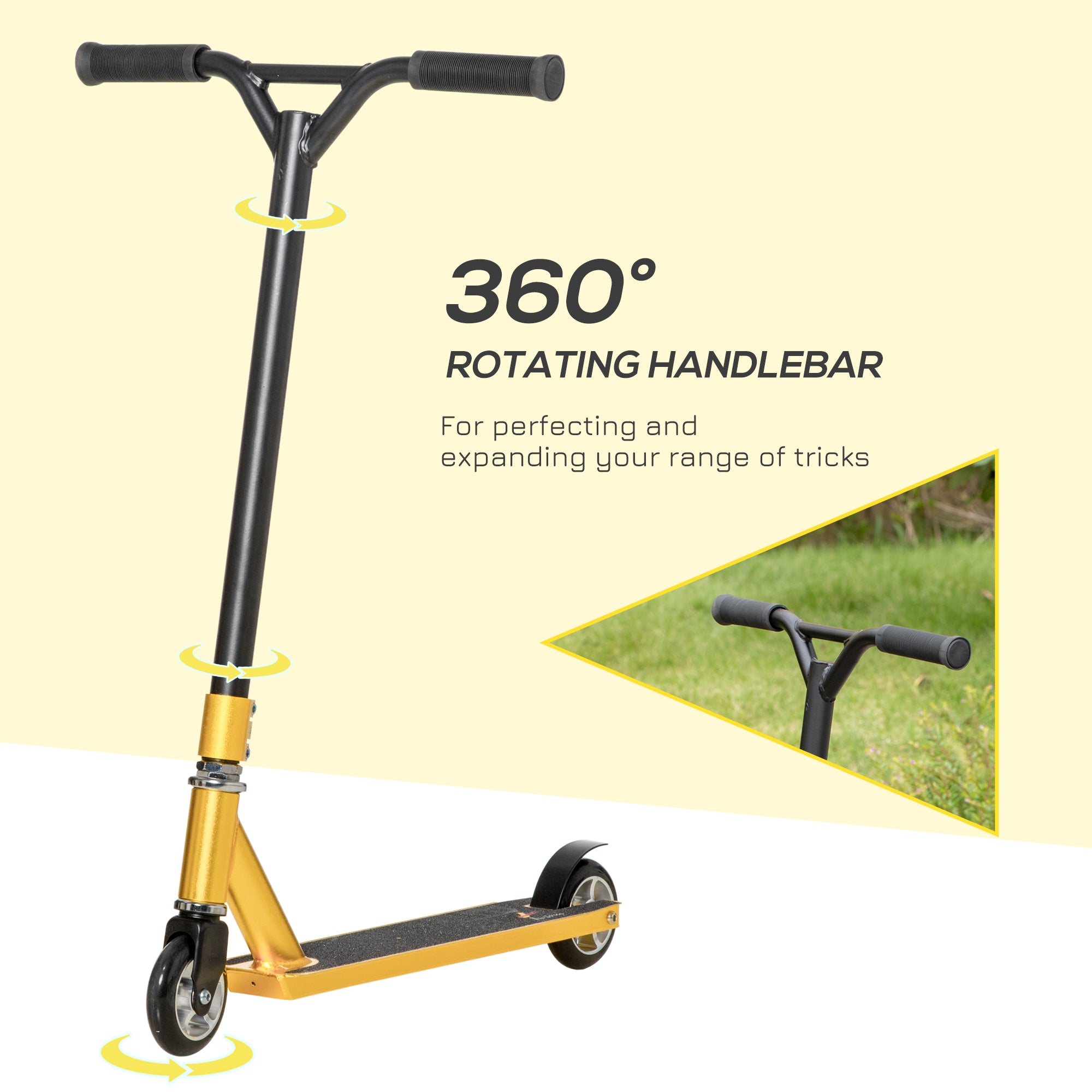HOMCOM Stunt Scooter, 360° Entry Level Tricks Scooter w/ Lightweight Aluminium Deck and ABEC 7 Bearing, For Age 14+ Beginners, Gold Tone - anydaydirect