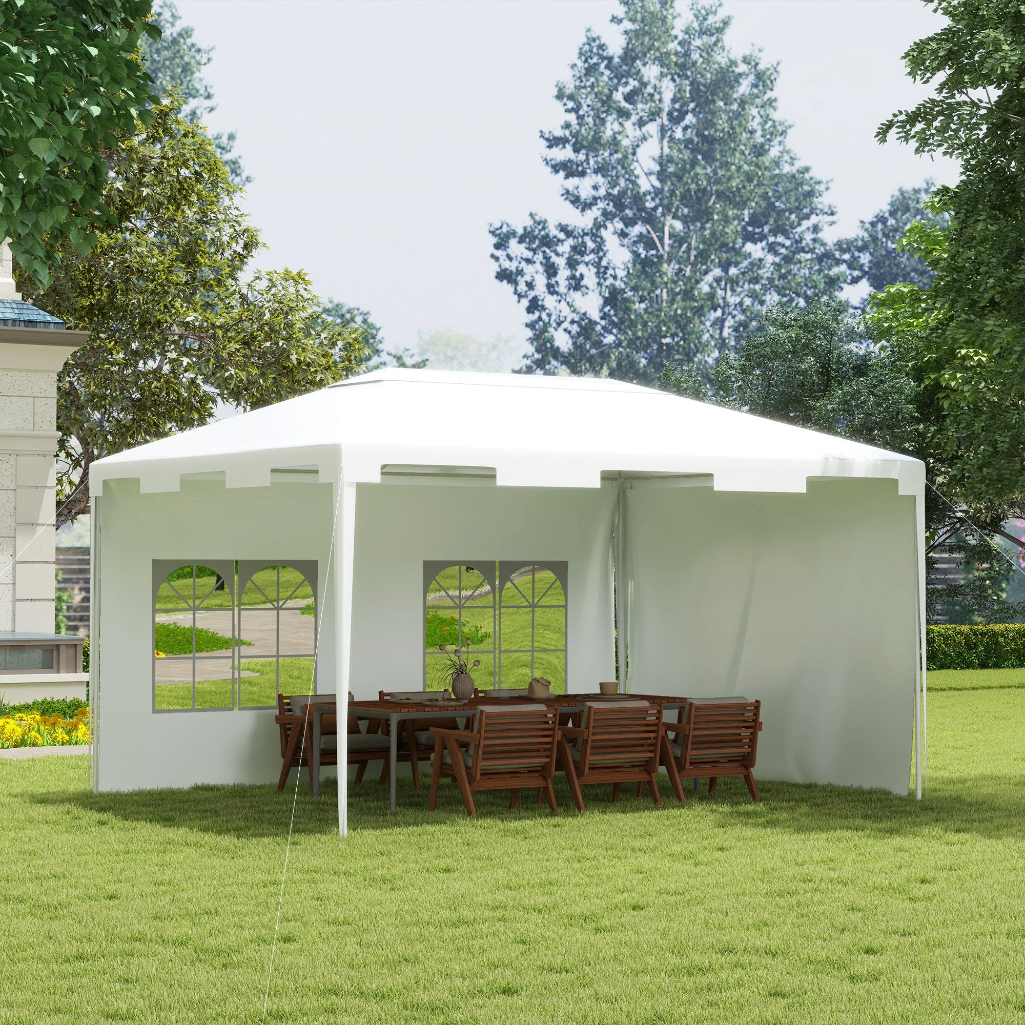 Outsunny 3 x 4 m Garden Gazebo Shelter Marquee Party Tent with 2 Sidewalls for Patio Yard Outdoor - White - anydaydirect