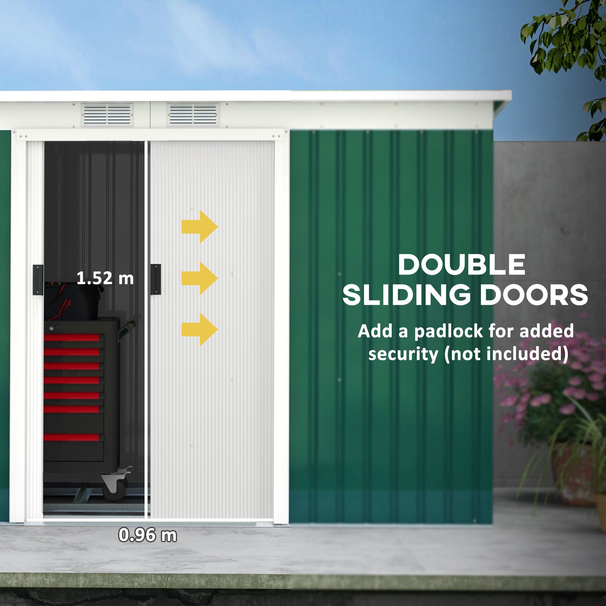 Outsunny 9ft x 4.25ft Corrugated Garden Metal Storage Shed Outdoor Equipment Tool Box with Foundation Ventilation & Doors Deep Green - anydaydirect