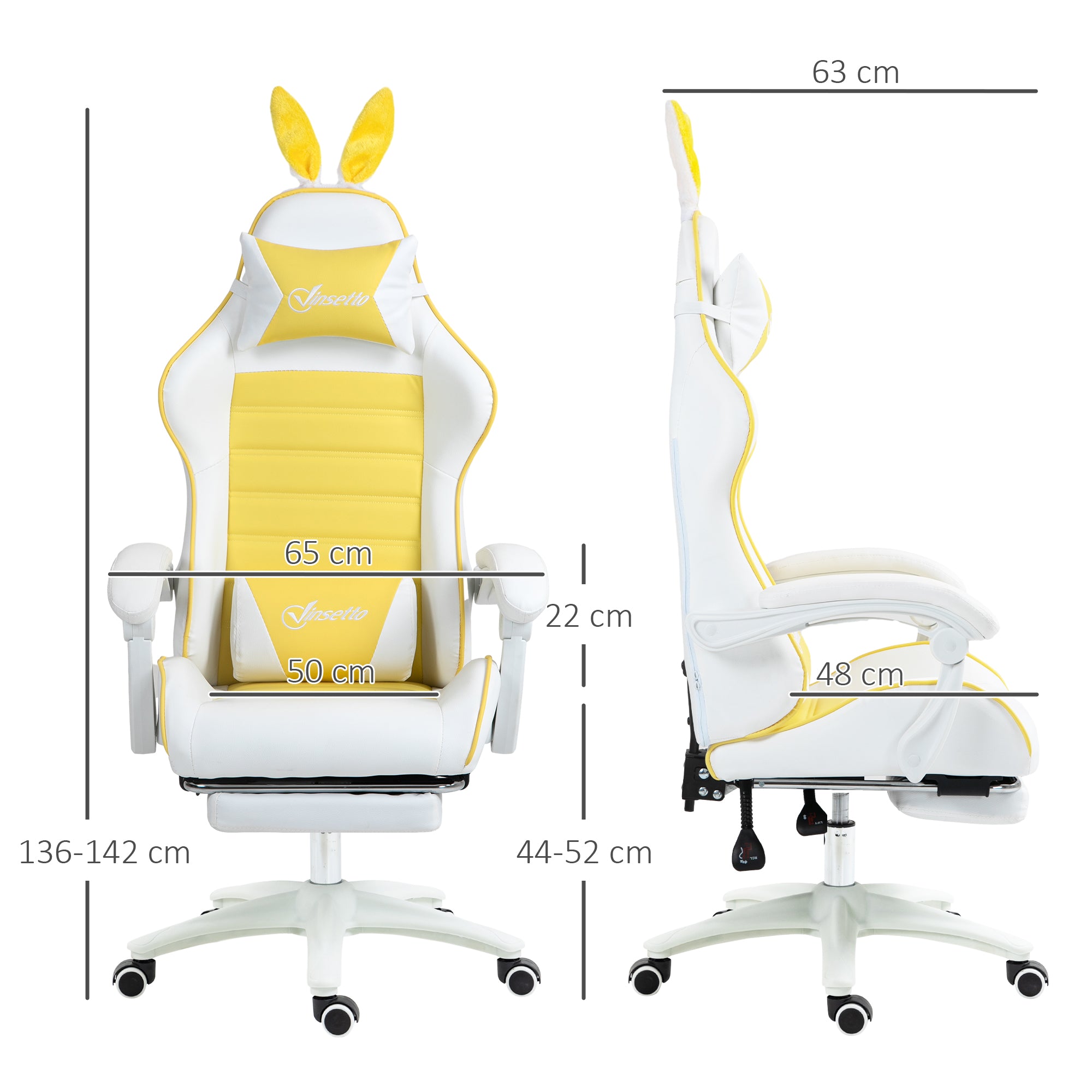 Vinsetto Racing Gaming Chair, Reclining PU Leather Computer Chair with Removable Rabbit Ears, Footrest, Headrest and Lumber Support, Yellow - anydaydirect