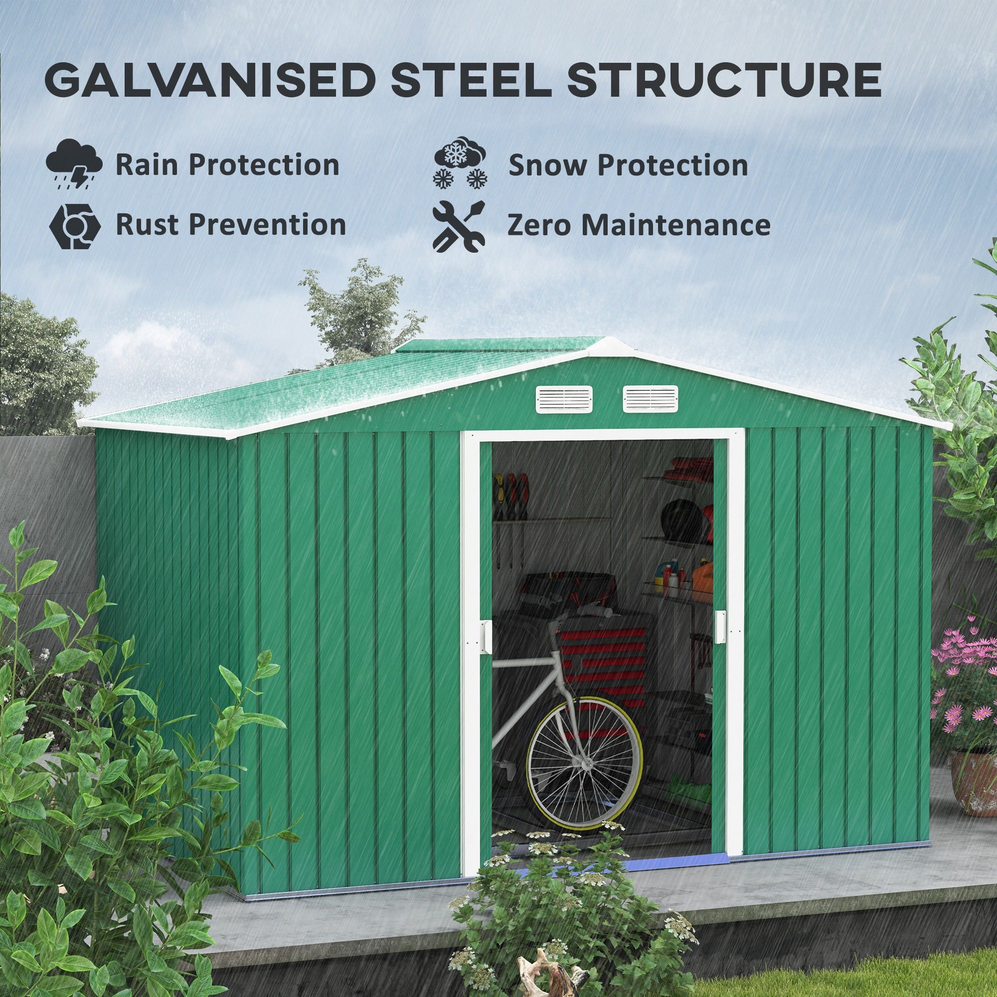 Outsunny Lockable Garden Shed Large Patio Tool Metal Storage Building Foundation Sheds Box Outdoor Furniture (9 x 6 FT, Green) - anydaydirect