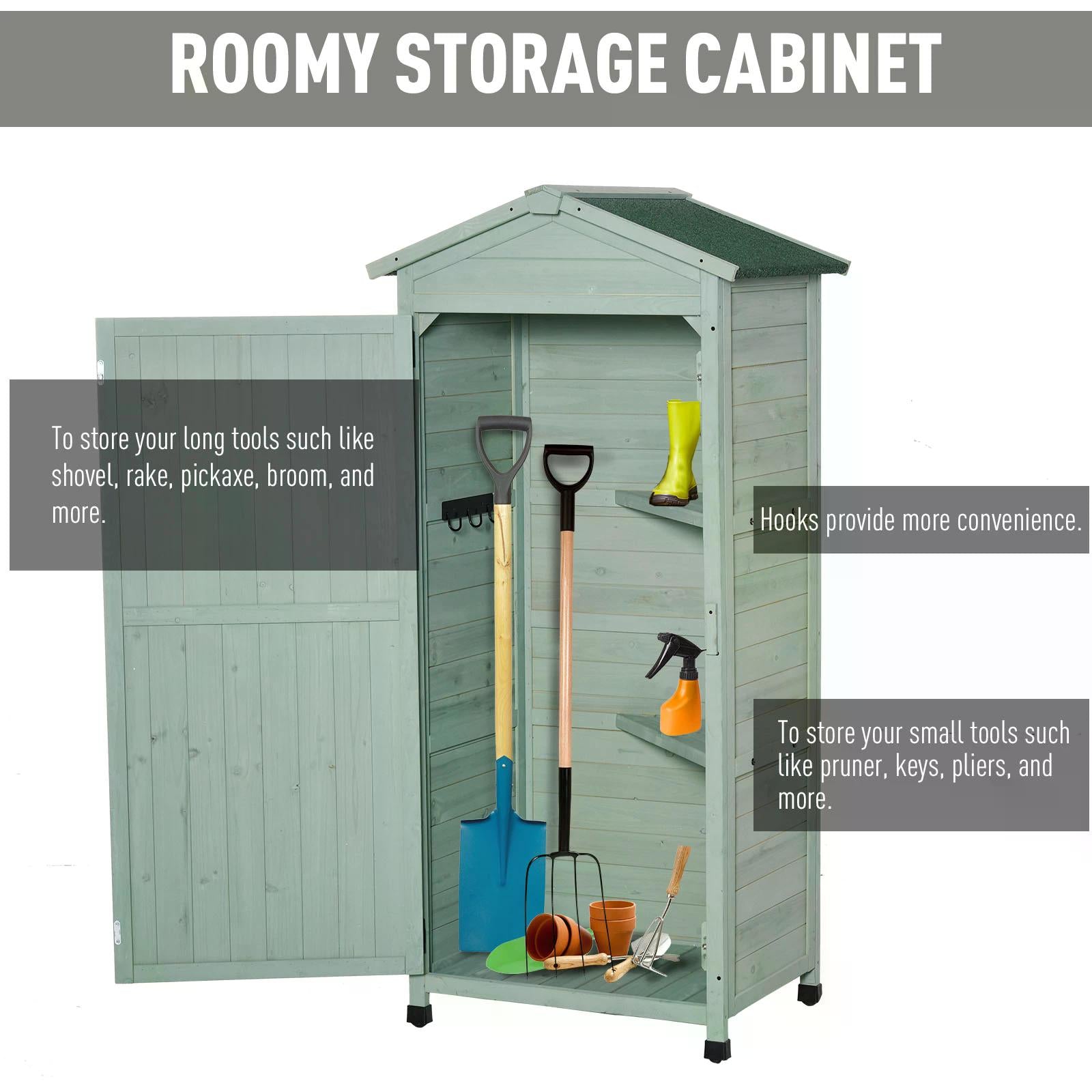 Outsunny Wooden Garden Cabinet 3-Tier Storage Shed 2 Shelves Lockable Organizer with Hooks Foot Pad 74 x 55 x 155cm Green - anydaydirect