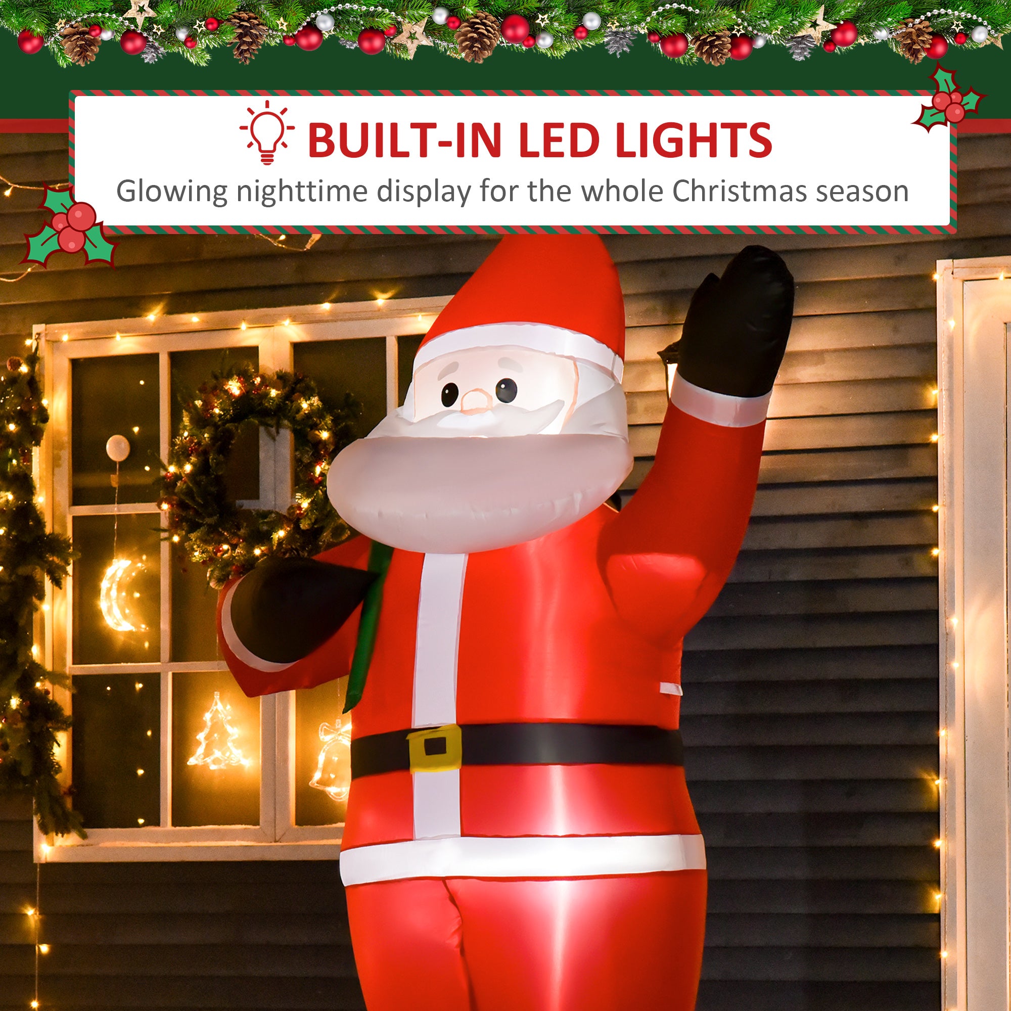 HOMCOM 2.4m Christmas Inflatable Santa Holiday Yard Decoration with LED Lights, Indoor Outdoor Lawn Blow Up Decor - anydaydirect