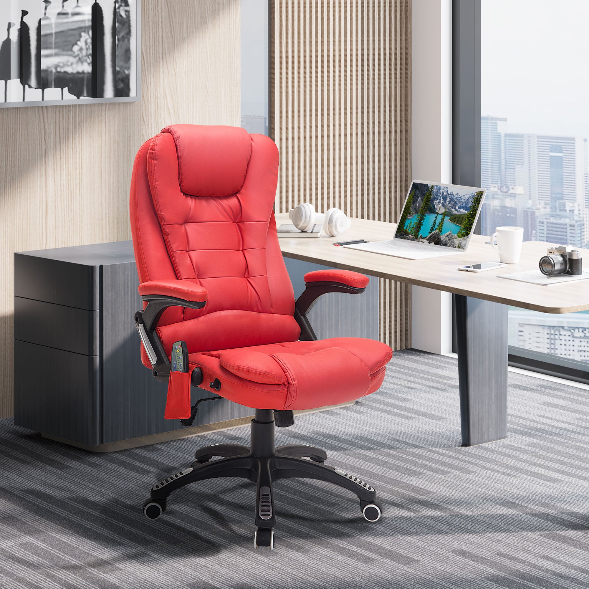 HOMCOM Executive Office Chair with Massage and Heat, High Back PU Leather Massage Office Chair with Adjustable Height, Red - anydaydirect