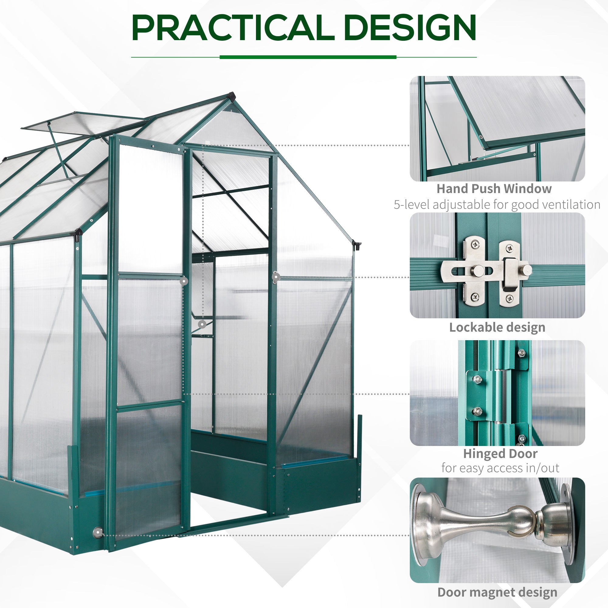 Outsunny Garden Walk-in Aluminium Greenhouse Polycarbonate with Plant Bed, Temperature Controlled Window, Foundation, 6 x 8ft - anydaydirect
