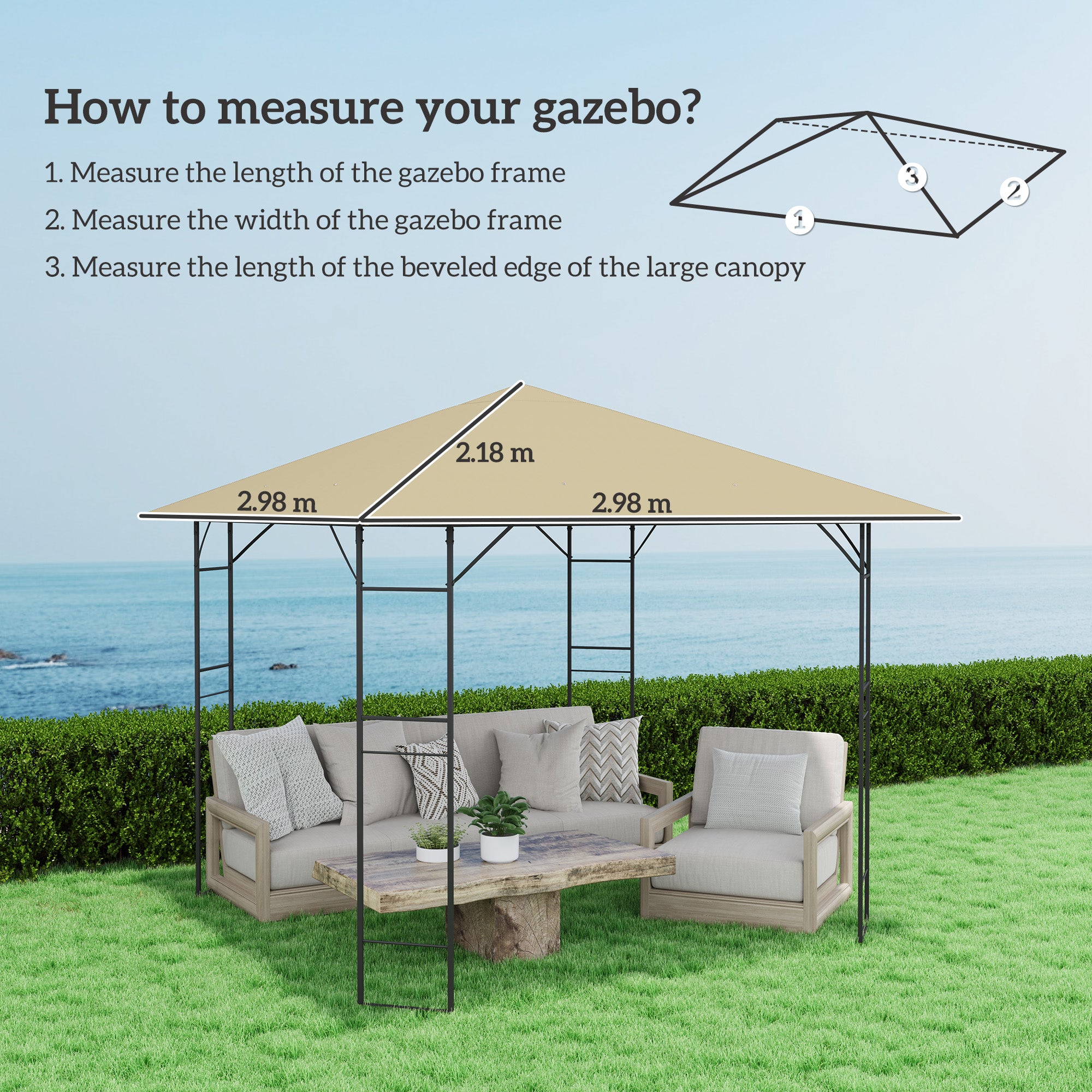 Outsunny 3 x 3(m) Gazebo Canopy Replacement Cover, Garden Gazebo Roof Replacement with Drain Holes, Water Resistant PVC Coating, 370g/?, UPF30+, TOP COVER ONLY, Beige - anydaydirect