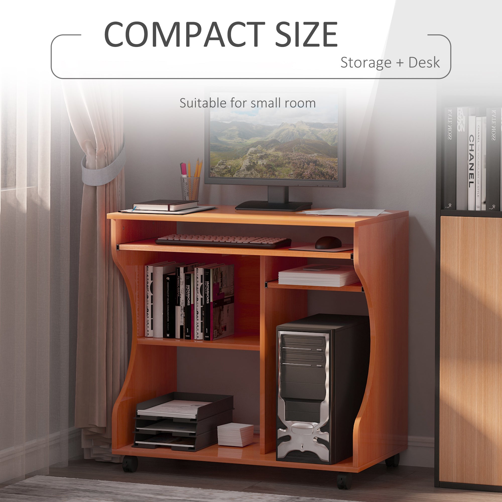 HOMCOM Multi-Storage Compact Work Desk, with Wheels - Cherry Wood Colour - anydaydirect