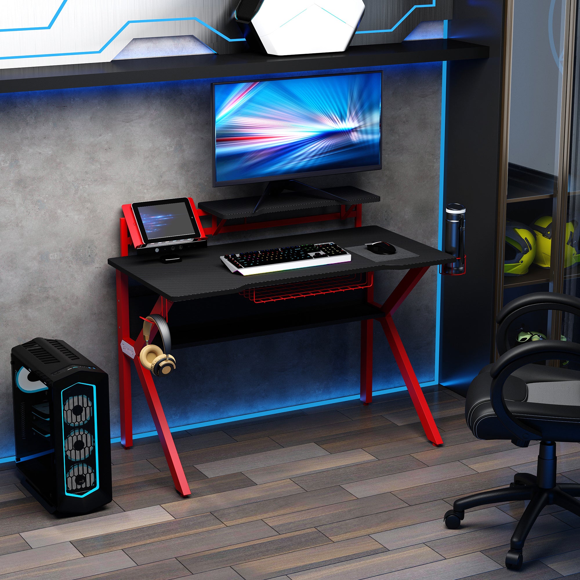 HOMCOM Gaming Desk, Computer Table with Monitor Stand, Cup Holder, Headphone Hook, Wire Basket and Metal Frame, 120cm, Red - anydaydirect