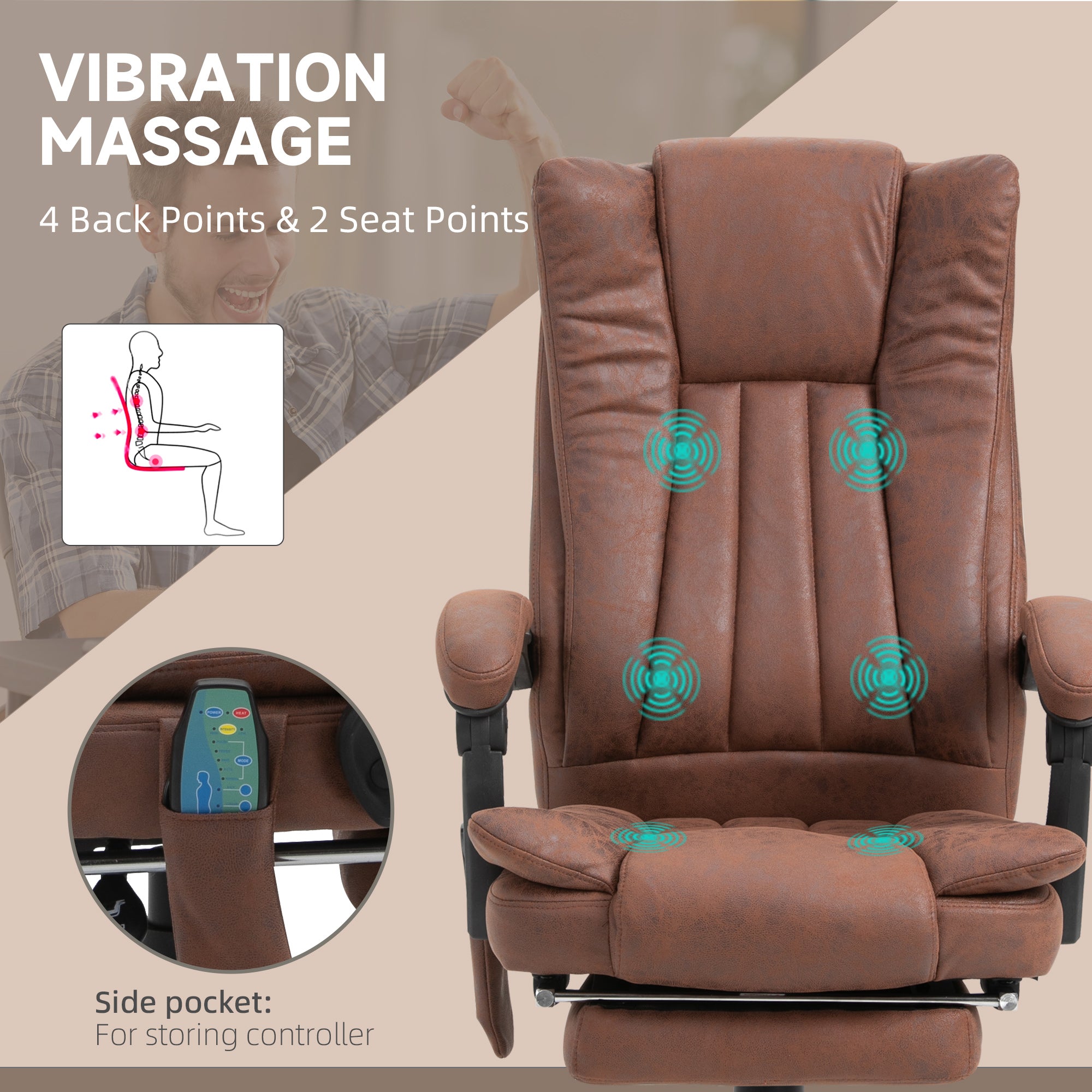 Vinsetto Office Chair with Massage and Heat, Microfibre Reclining Computer Desk Chair with Footrest and Adjustable Height, Swivel Wheels for Home Office, Brown - anydaydirect