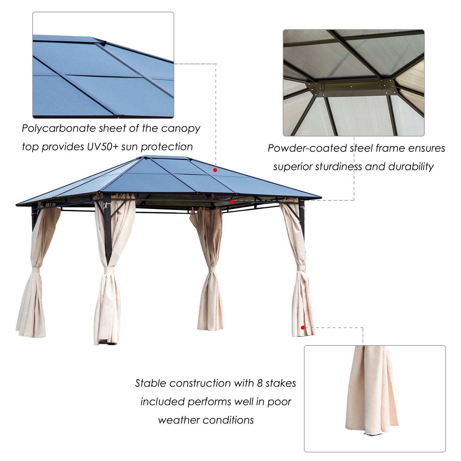 Outsunny 3 x 3.6m Hardtop Gazebo Canopy with Polycarbonate Roof Garden Pavilion with Removable Curtains and Steel Frame, Brown - anydaydirect
