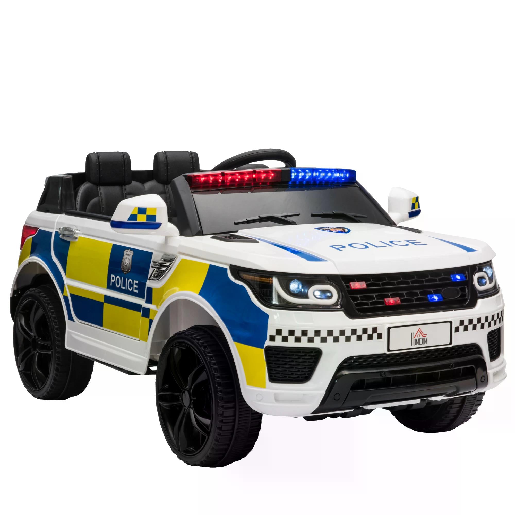 HOMCOM 12V Kids Portable Electric Ride On Police Car with Parental Remote Control Siren Flashing Lights USB Bluetooth for 3-6 Years White - anydaydirect