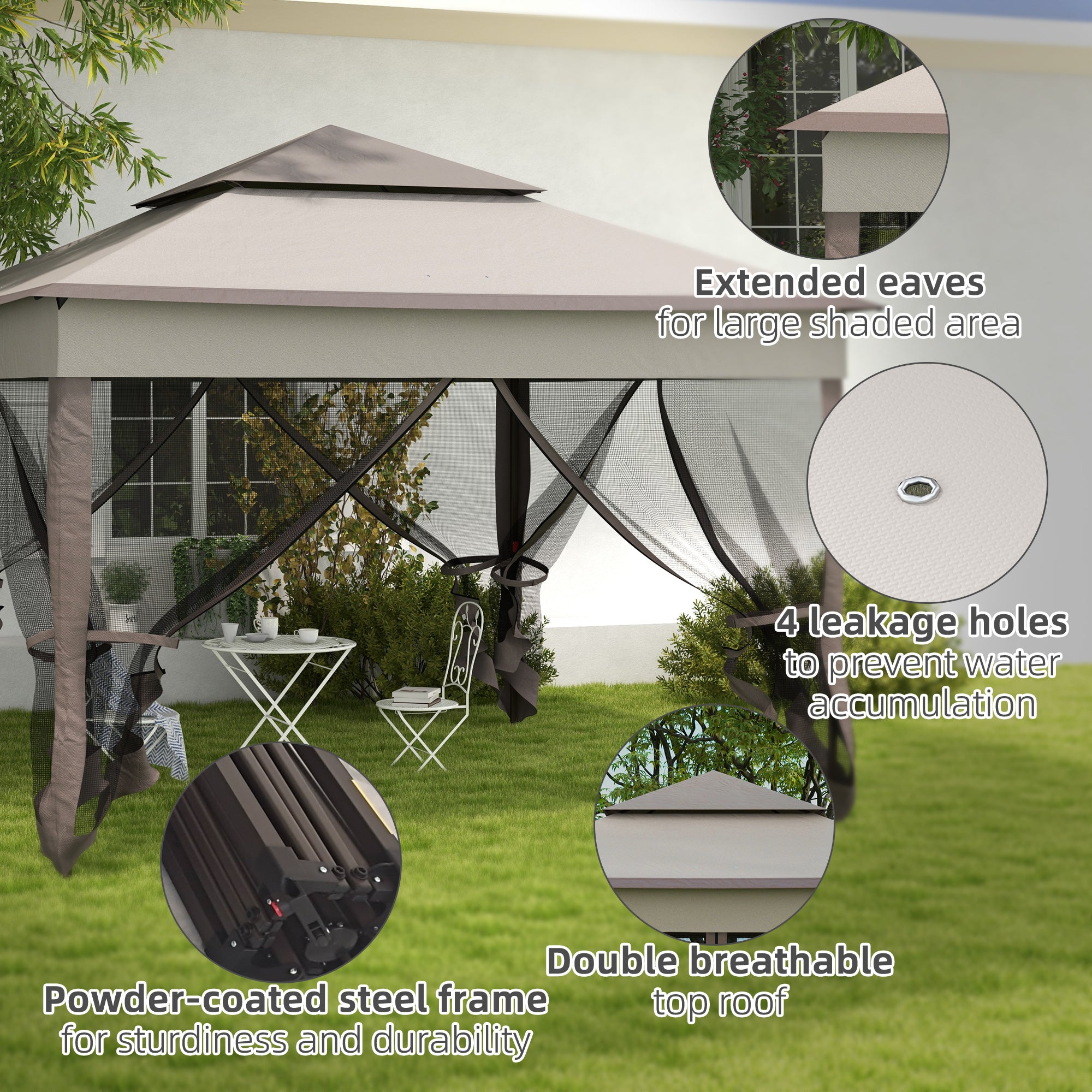 Outsunny 3.25 x 3.25m Deluxe Metal Gazebo, with Curtains - Brown and Grey - anydaydirect