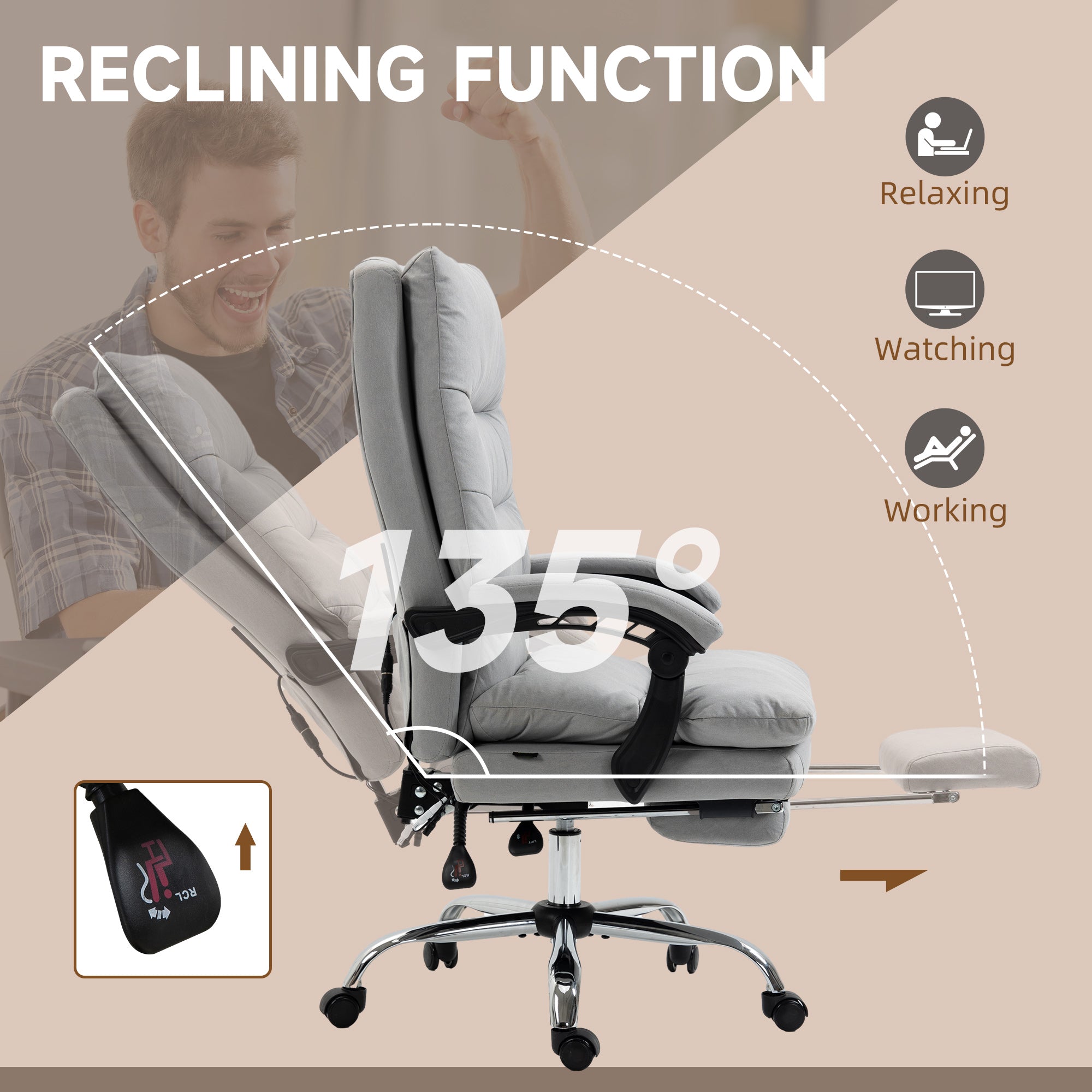 Vinsetto Office Chair, Ergonomic Desk Chair with 6-Point Vibration Massage and Back Heating, Microfibre Computer Gaming Chair with 135° Reclining Back and Footrest, Grey - anydaydirect