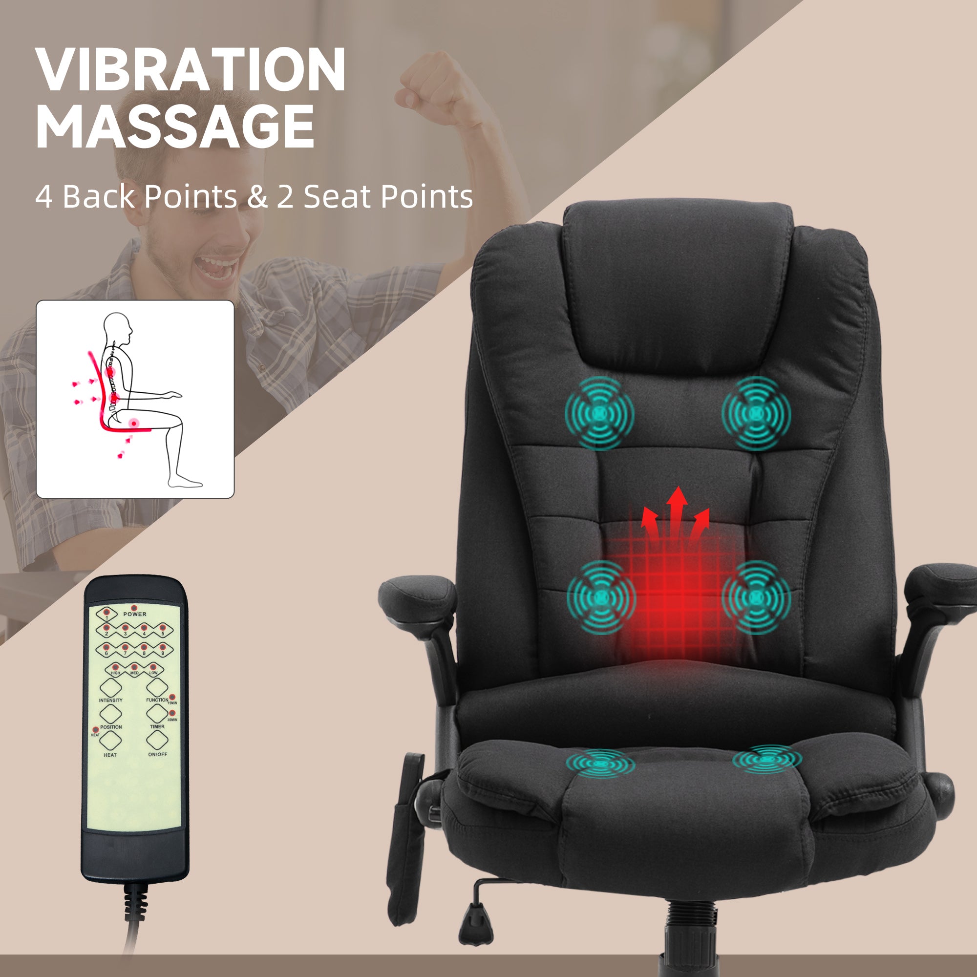 Vinsetto Massage Recliner Chair Heated Office Chair with Six Massage Points Linen-Feel Fabric 360° Swivel Wheels Black - anydaydirect