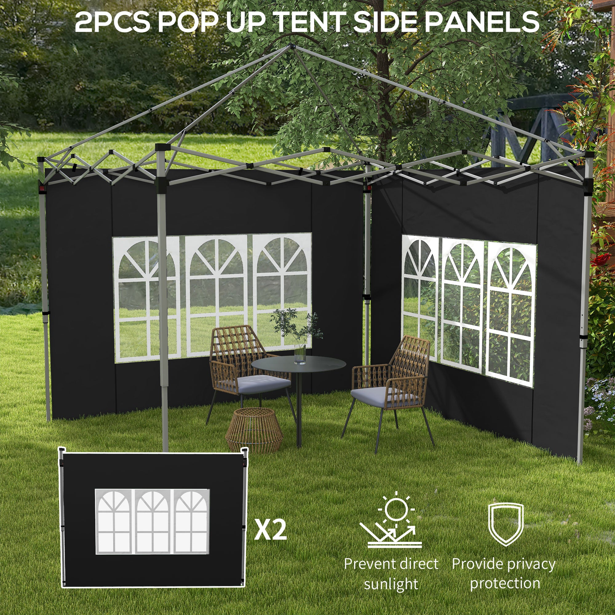 Outsunny Gazebo Side Panels, Sides Replacement with Window for 3x3(m) or 3x4m Pop Up Gazebo, 2 Pack, Black - anydaydirect