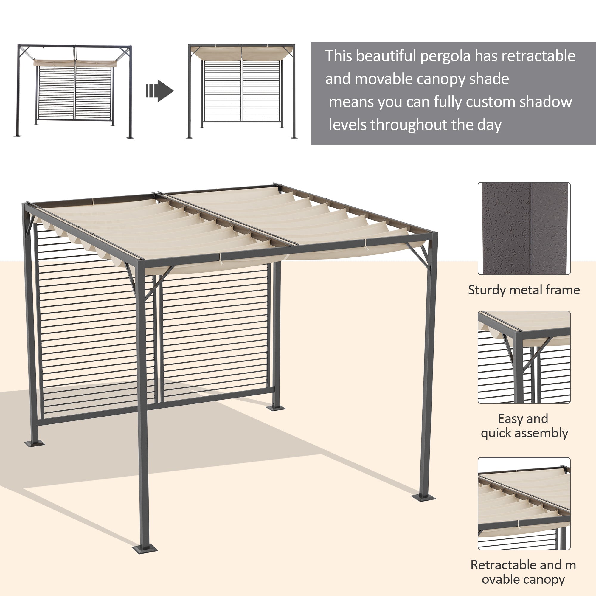 Outsunny 3 x 2.8m Metal Pergola, with Retractable Fabric Roof - Beige - anydaydirect