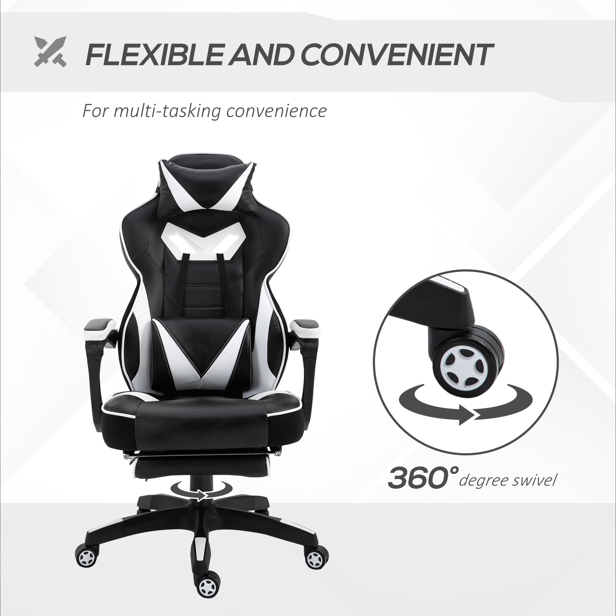 Vinsetto Computer Gaming Chair, Racing Desk Chair with Lumbar Support and Footrest, PU Leather Gamer Chair with Headrest and Swivel Wheels for Home, White - anydaydirect