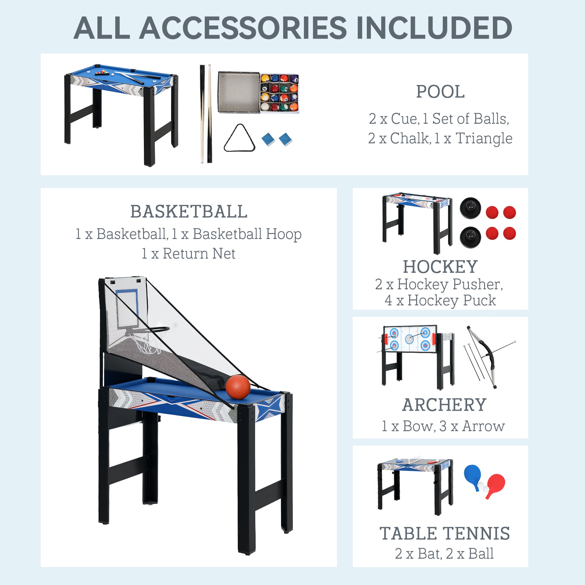 SPORTNOW 5-in-1 Multi Games Table, with Pool, Table Tennis, Basketball, Hockey, Archery, Blue - anydaydirect