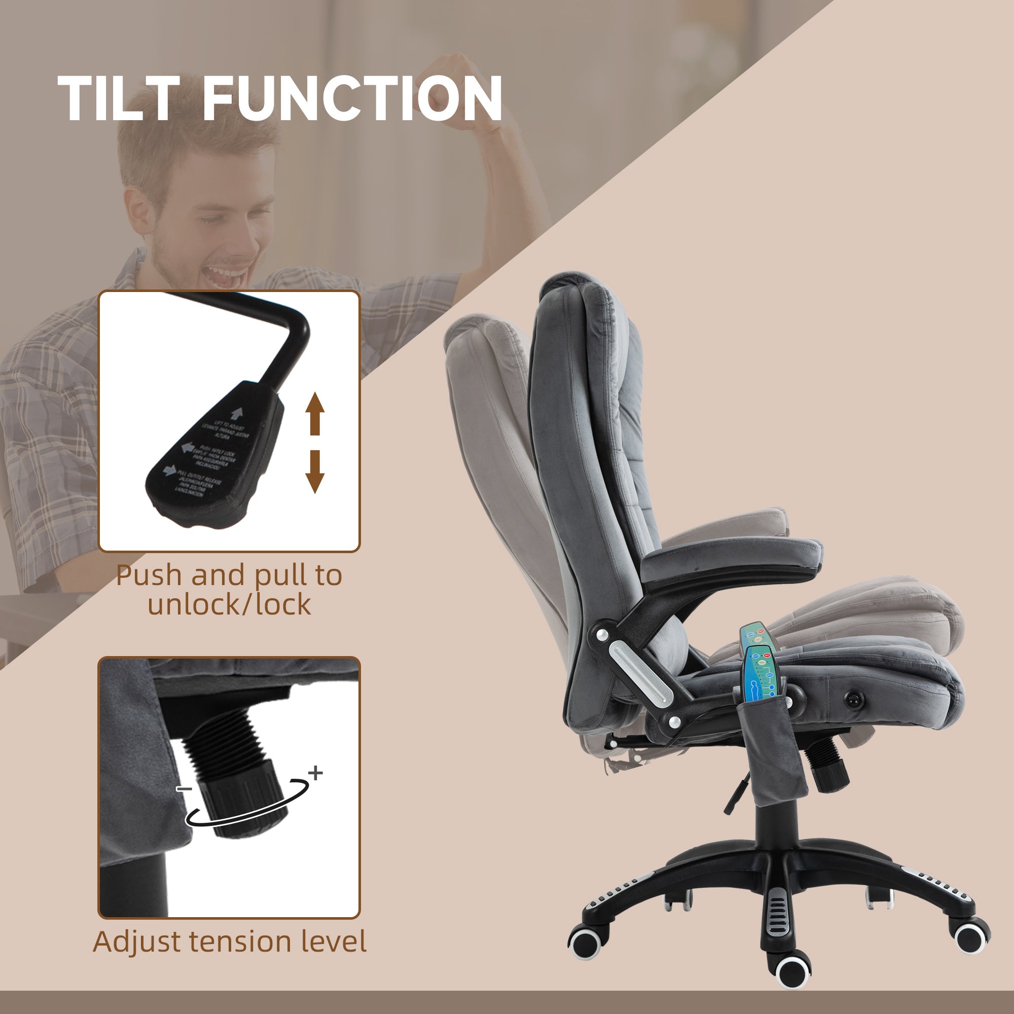 Vinsetto Massage Recliner Chair Heated Office Chair with Six Massage Points Velvet-Feel Fabric 360° Swivel Wheels Grey - anydaydirect