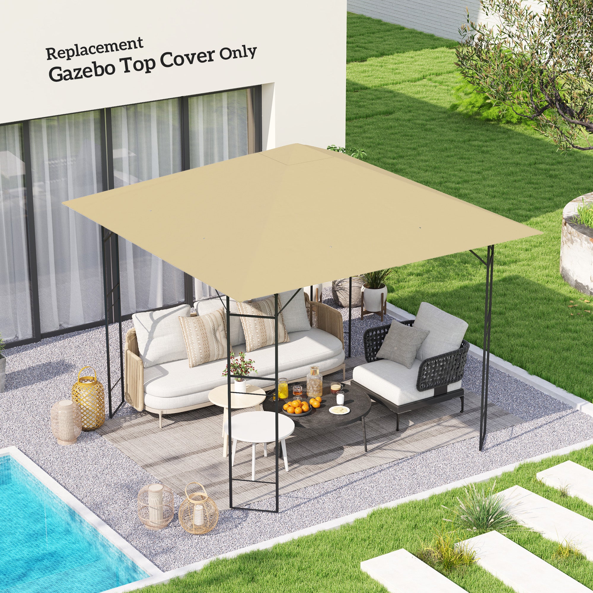 Outsunny 3 x 3(m) Gazebo Canopy Replacement Cover, Garden Gazebo Roof Replacement with Drain Holes, Water Resistant PVC Coating, 370g/?, UPF30+, TOP COVER ONLY, Beige - anydaydirect
