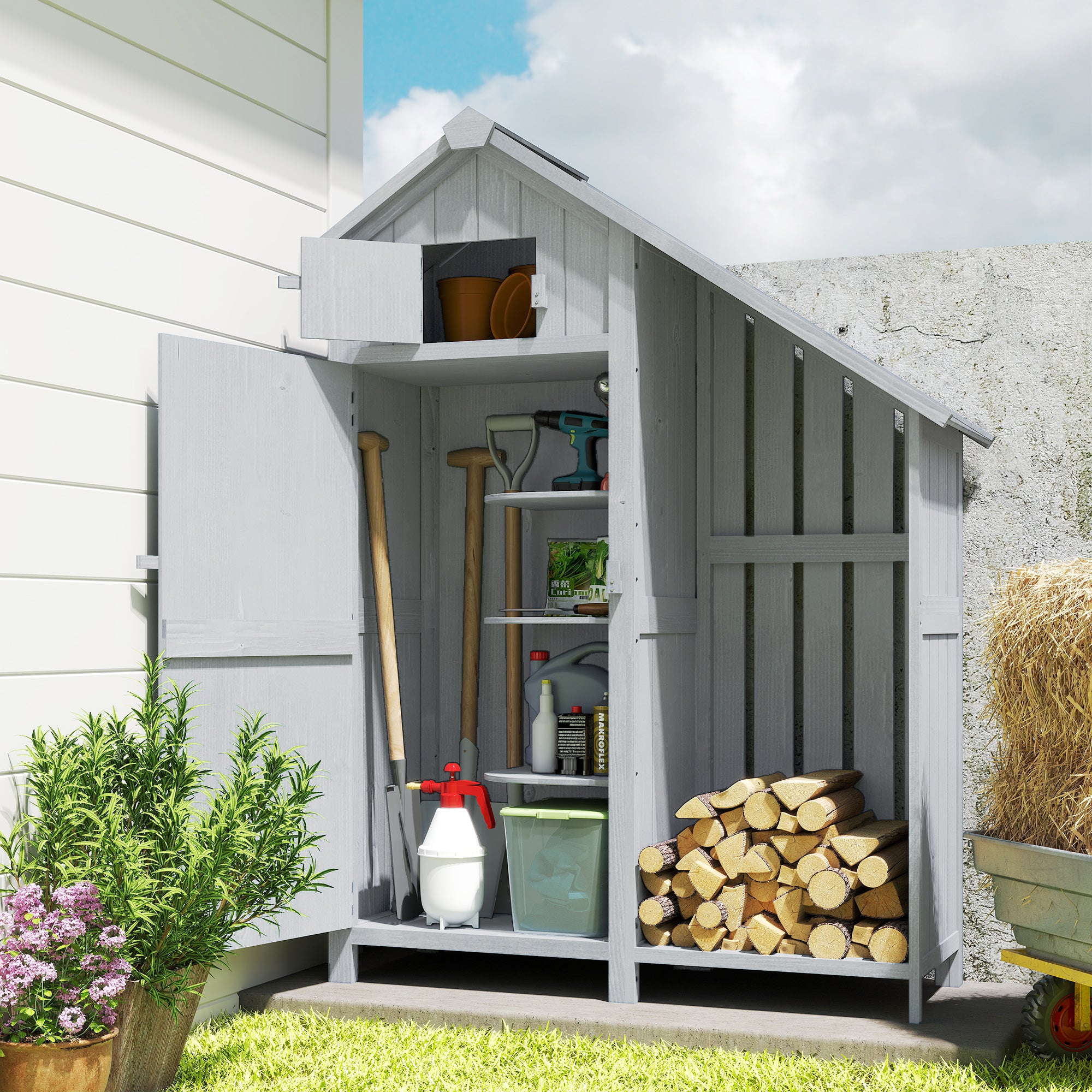 Outsunny Garden Outdoor Storage Shed 3 Shelves Tilt Roof w/ Firewood Rack Log Carrier, 129L x 51.5W x 180H cm - anydaydirect