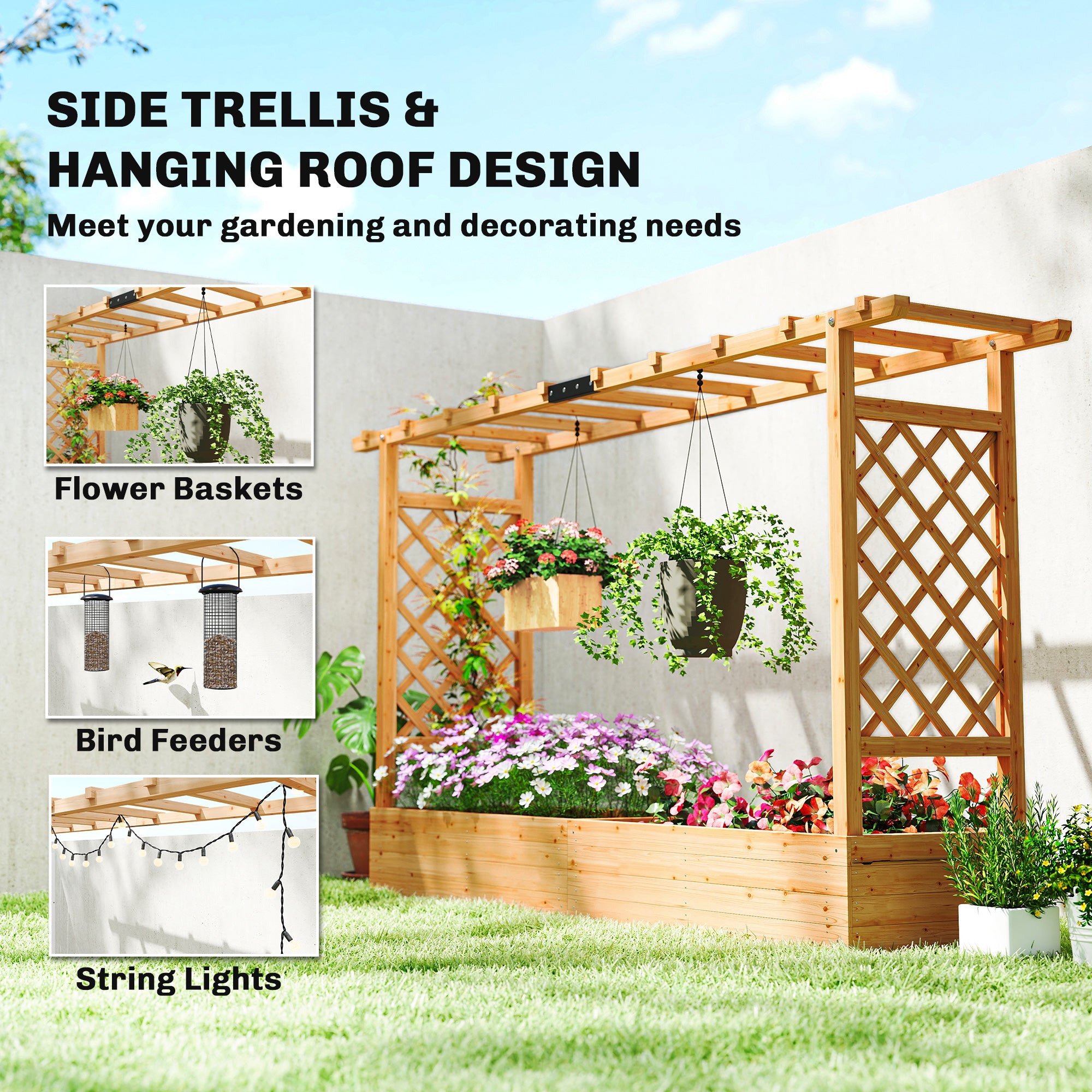 Outsunny Raised Planter with Trellis, Wooden Raised Bed for Garden with Hanging Roof and Drainage Holes, Outdoor Planter Box - anydaydirect