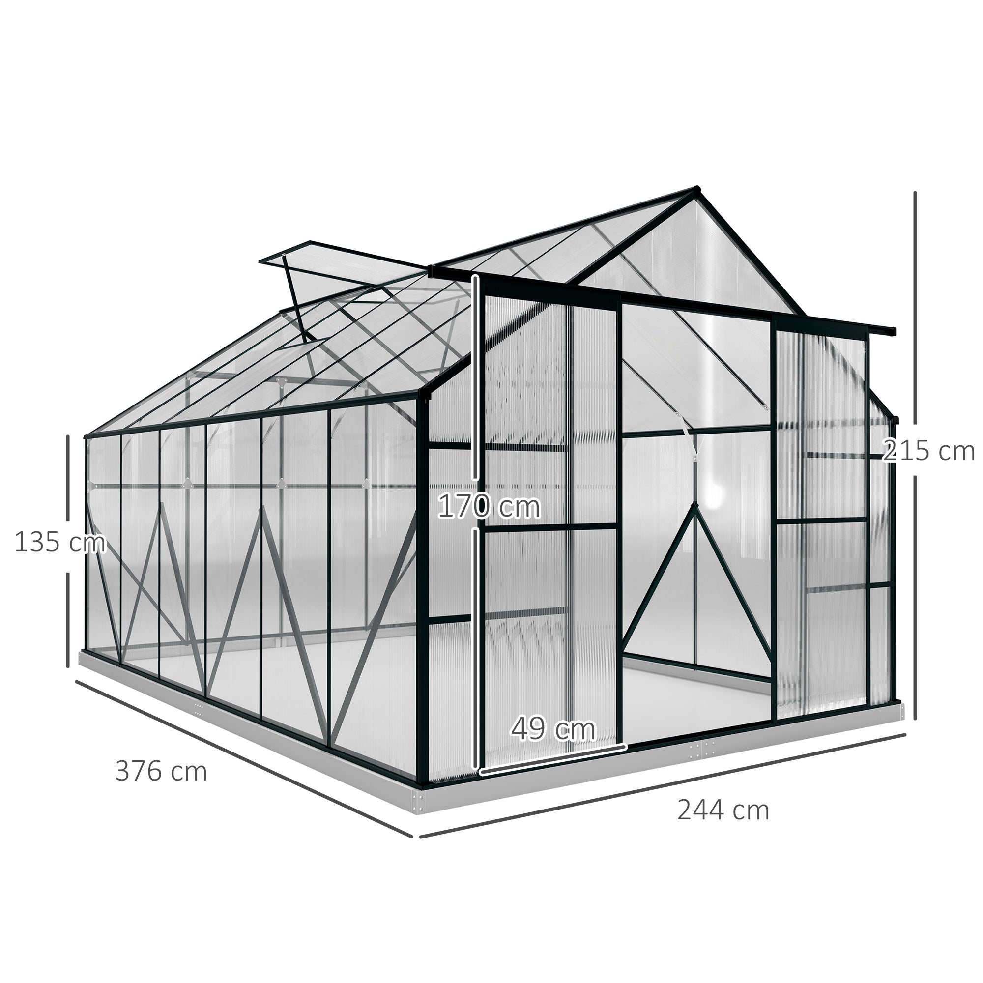 Outsunny 8 x 12ft Aluminium Greenhouse Polycarbonate Walk-in Garden Greenhouse Kit with Adjustable Roof Vent, Double Sliding Door, Rain Gutter and Foundation, Clear - anydaydirect