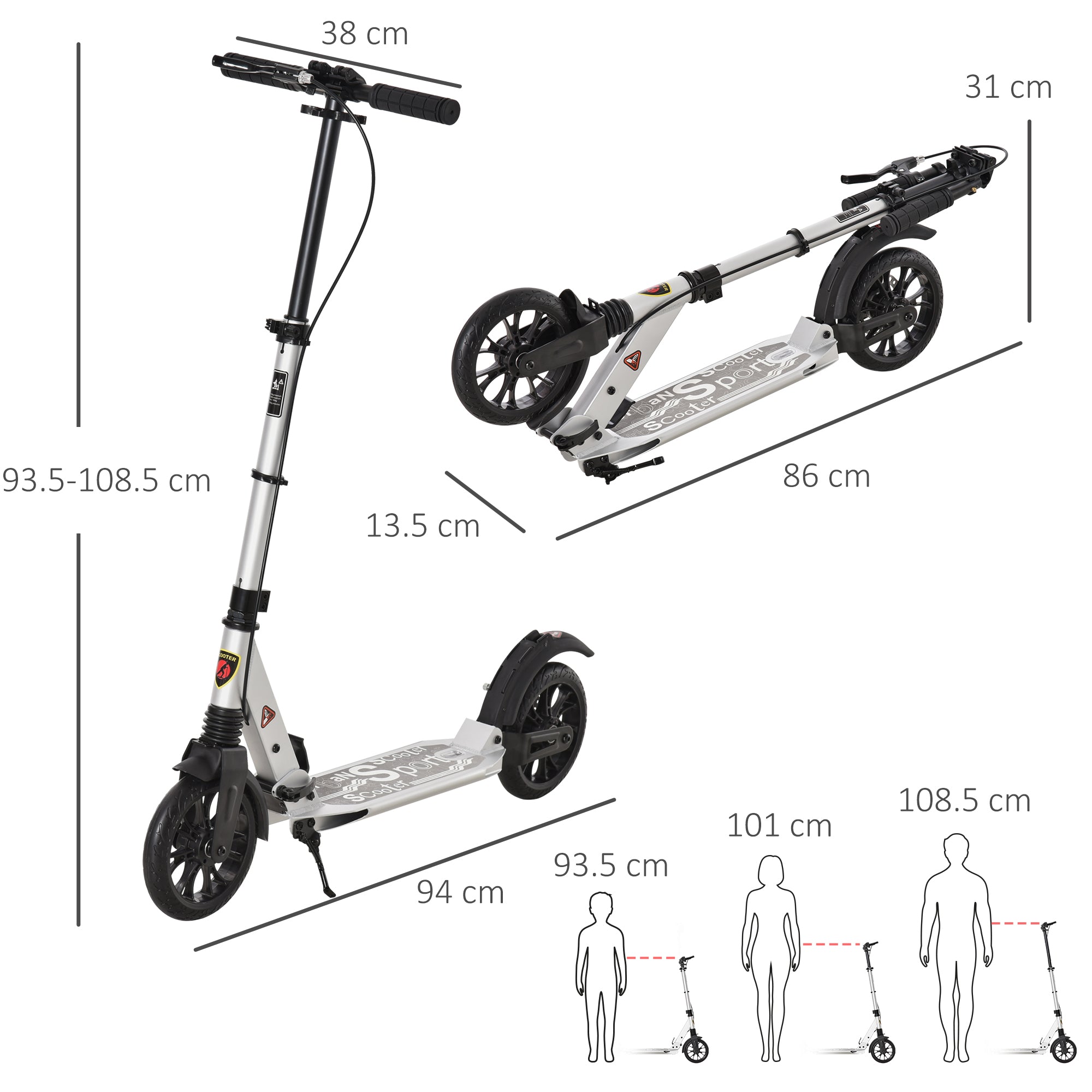 HOMCOM Teen/Adults Aluminium Folding Kick Scooter w/ Shock Mitigation System Silver - anydaydirect