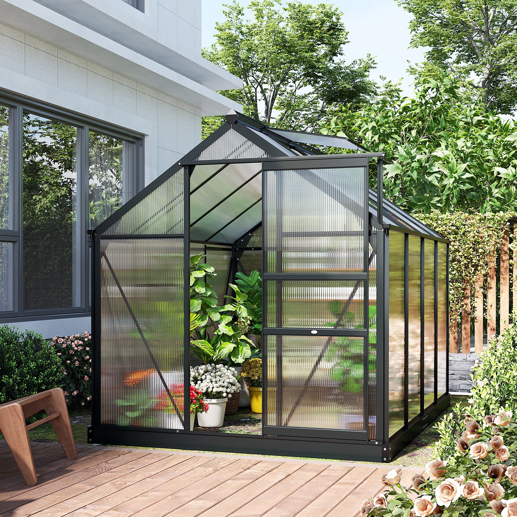 Outsunny 6 x 8ft Polycarbonate Greenhouse, Large Walk-In Green House with Slide Door and Window, Garden Plants Grow House with Aluminium Frame and Foundation, Grey - anydaydirect