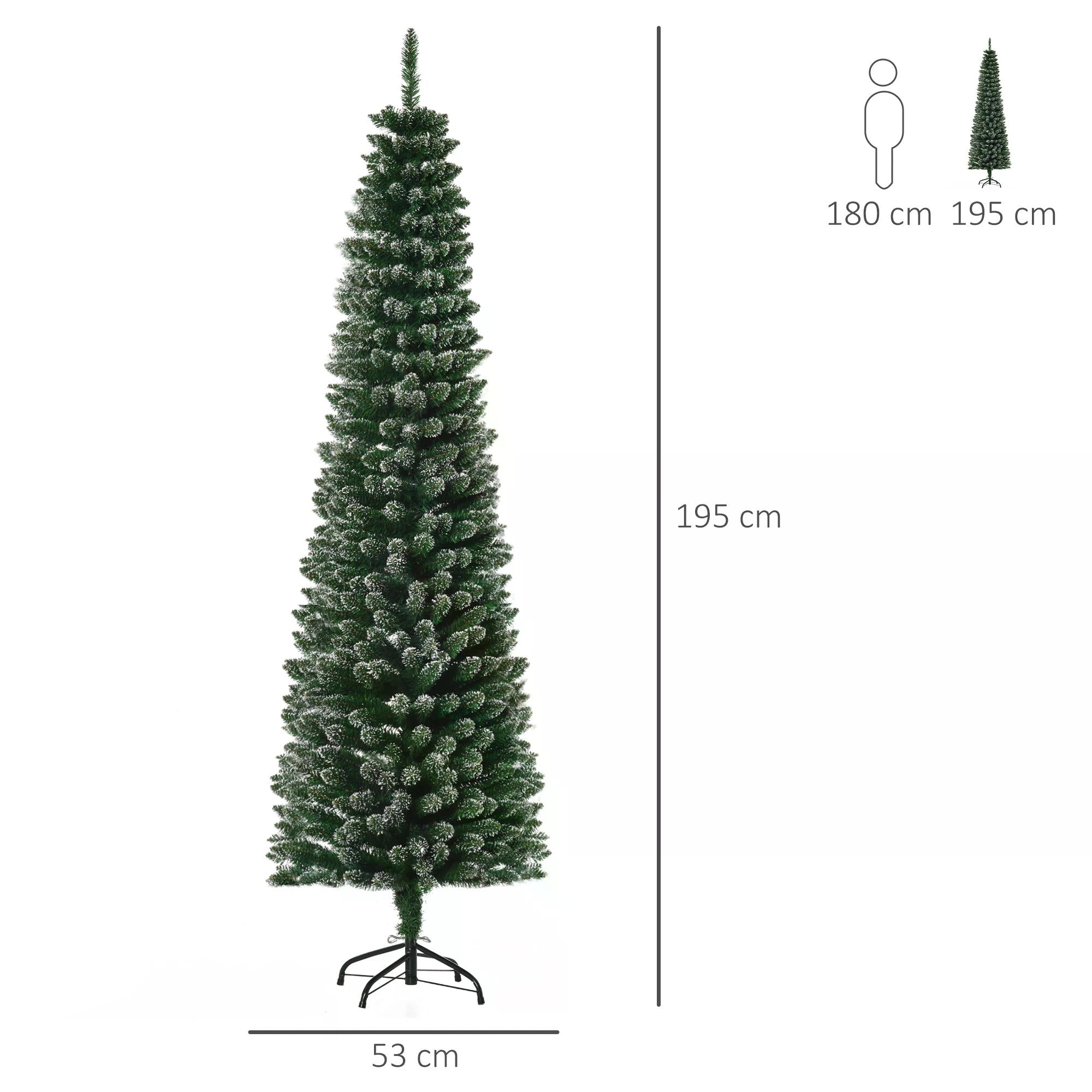 HOMCOM 6.5FT Artificial Snow Dipped Christmas Tree Xmas Pencil Tree Holiday Home Indoor Decoration with Foldable Black Stand, Green - anydaydirect