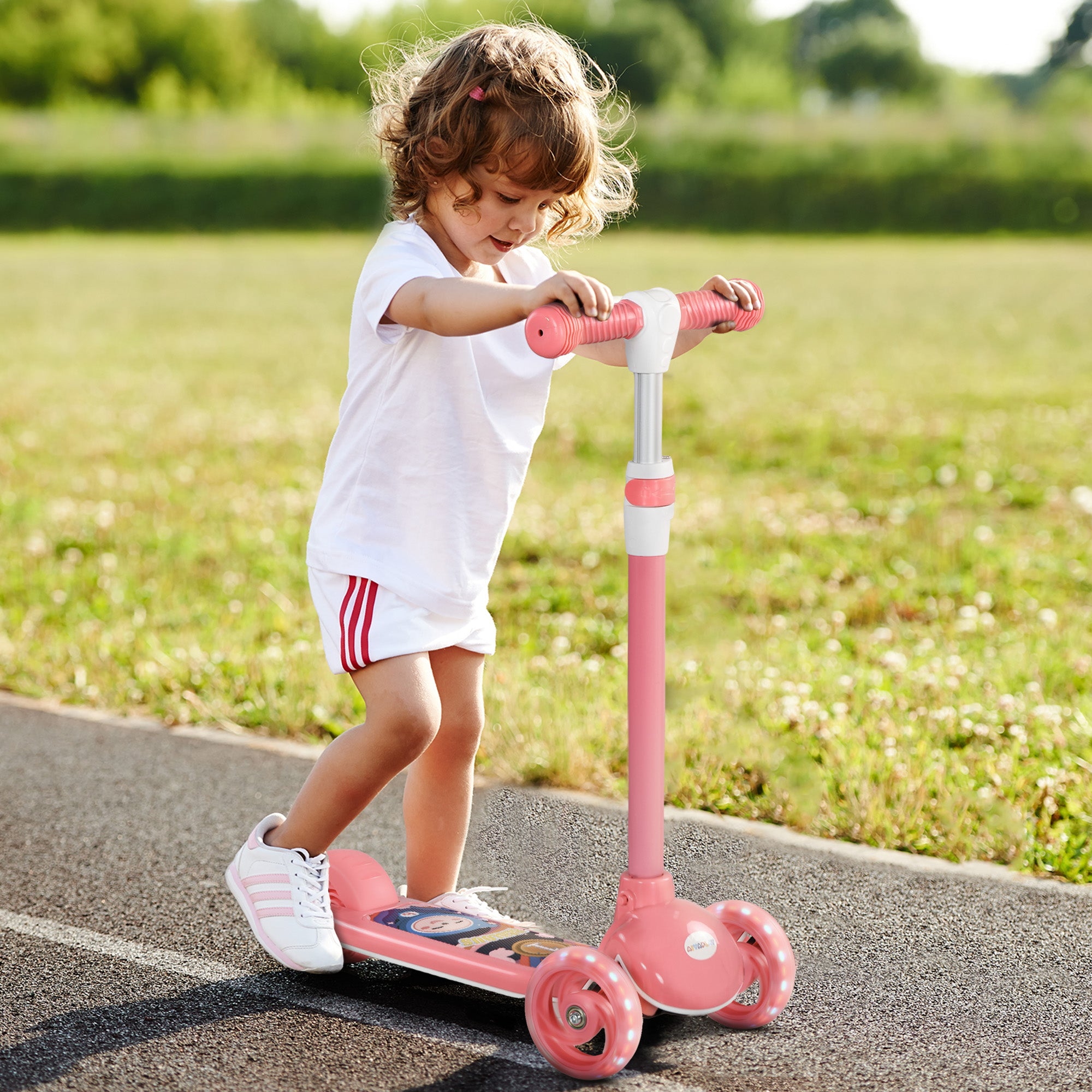 AIYAPLAY Kids 3 Wheel Scooter for 2-6 Years Old w/ Adjustable Height, LED Light, TPE Handlebar, Pink - anydaydirect