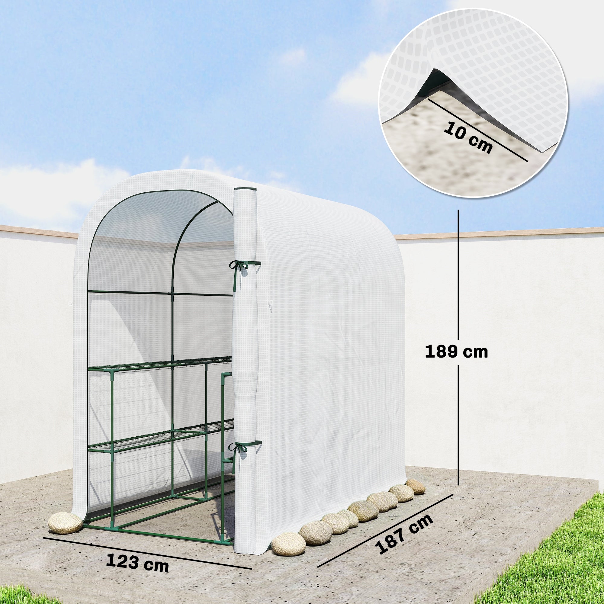 Outsunny Walk-in Greenhouse with Shelves, Small Greenhouse with PE Cover and Roll-up Door, 123 x 187 x 189 cm, White - anydaydirect