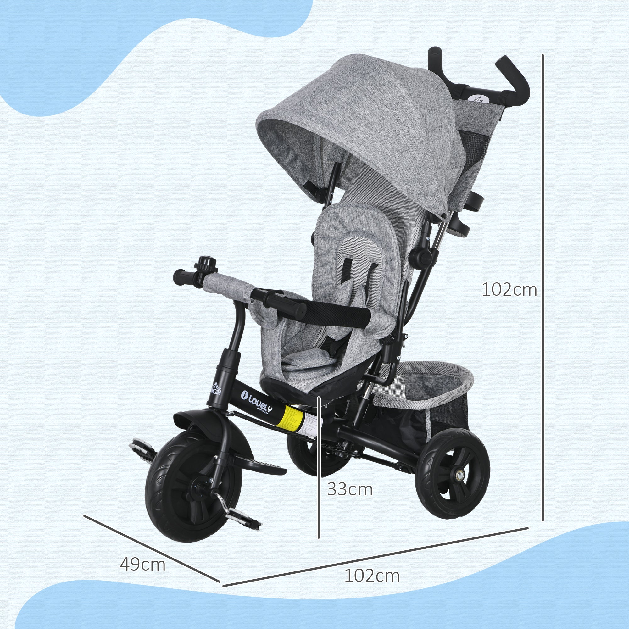 HOMCOM 4 in 1 Kids Trike Push Bike w/ Push Handle, Canopy, 5-point Safety Belt, Storage, Footrest, Brake, for 1-5 Years, Grey - anydaydirect