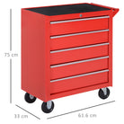 DURHAND 5-Drawer Lockable Tool Storage Cabinet with Wheels, Handle, 2 Keys, Steel Home Work DIY Workshop Chest, Garage Equipment Trolley, Red - anydaydirect
