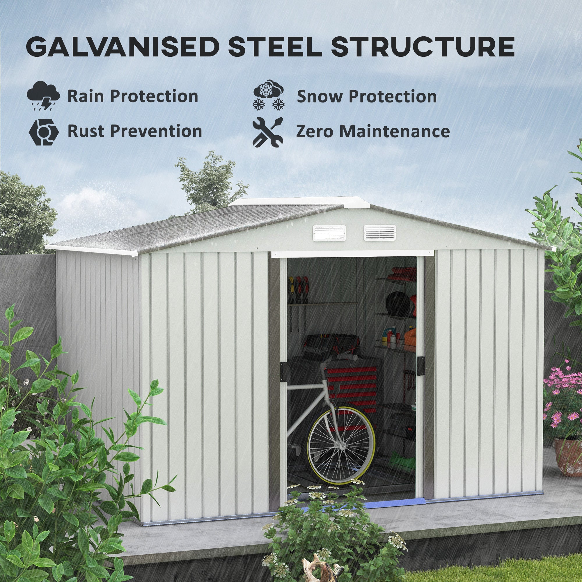 Outsunny 9 x 6FT Garden Storage Shed, Metal Outdoor Storage Shed House with Floor Foundation, Ventilation & Doors, Grey - anydaydirect