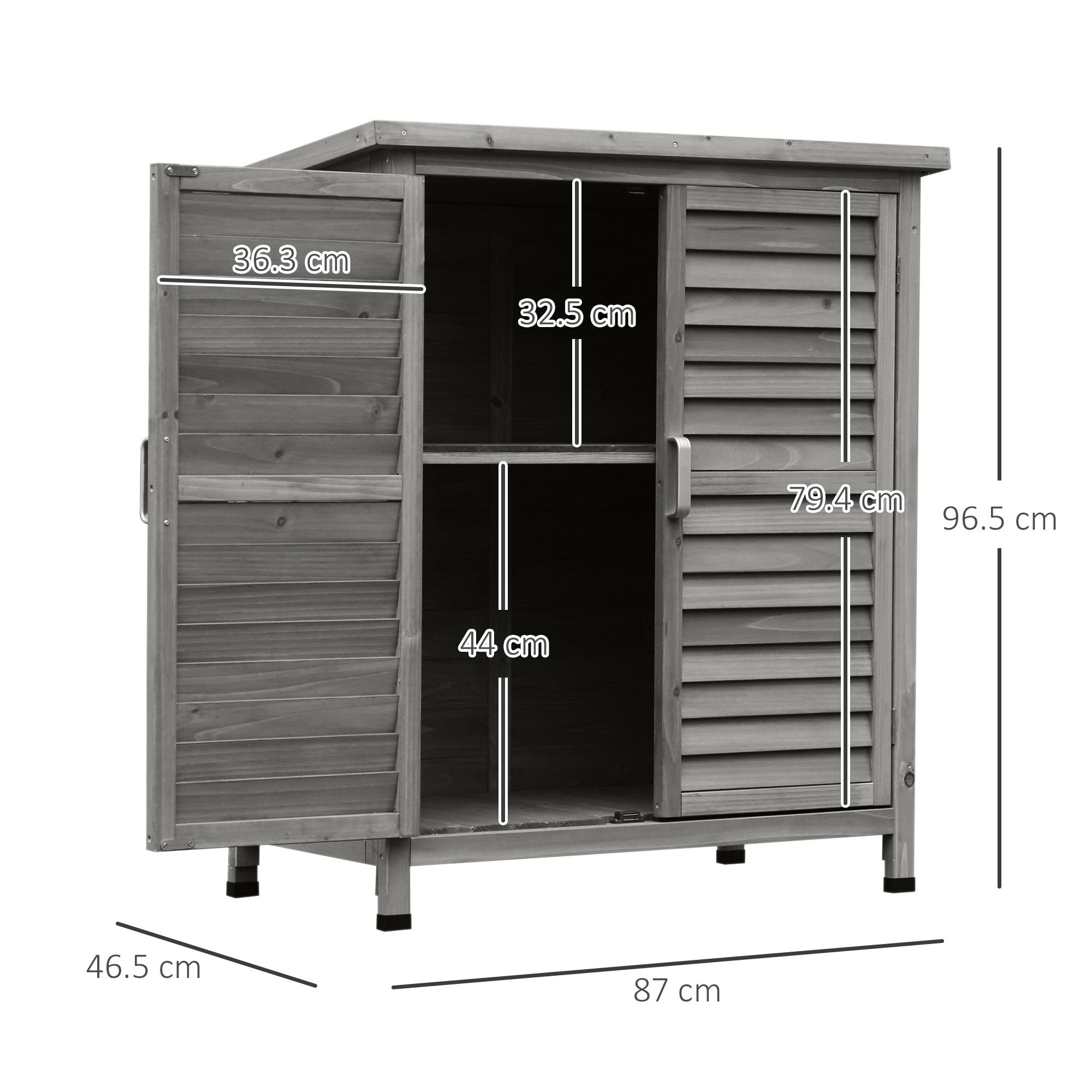 Outsunny Garden Shed Wooden Garden Storage Shed 2 Door Unit Solid Fir Wood Garage Tool Organisation Cabinet, 87L x 46.5W x 96.5Hcm, Grey - anydaydirect