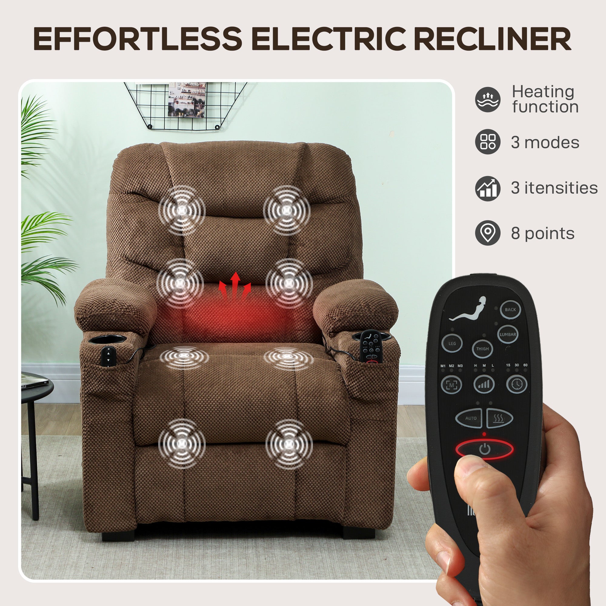 HOMCOM Electric Massage Recliner Armchair with Vibration, Heat, Whisper-Quiet Motor, Memory Function, Fleece Power Reclining Chair with Spring Pack, USB Port, Footrest, Side Pocket, Cup Holders, Brown - anydaydirect