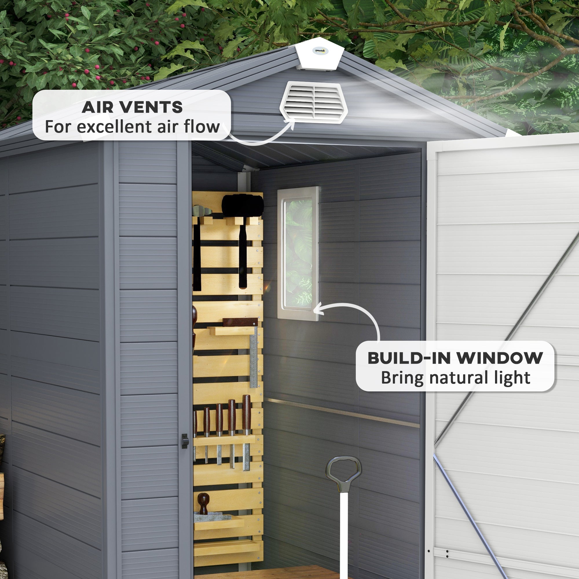 Outsunny 4 x 6ft Garden Shed with Foundation Kit, Polypropylene Outdoor Storage Tool House with Ventilation Slots and Lockable Door, Grey - anydaydirect