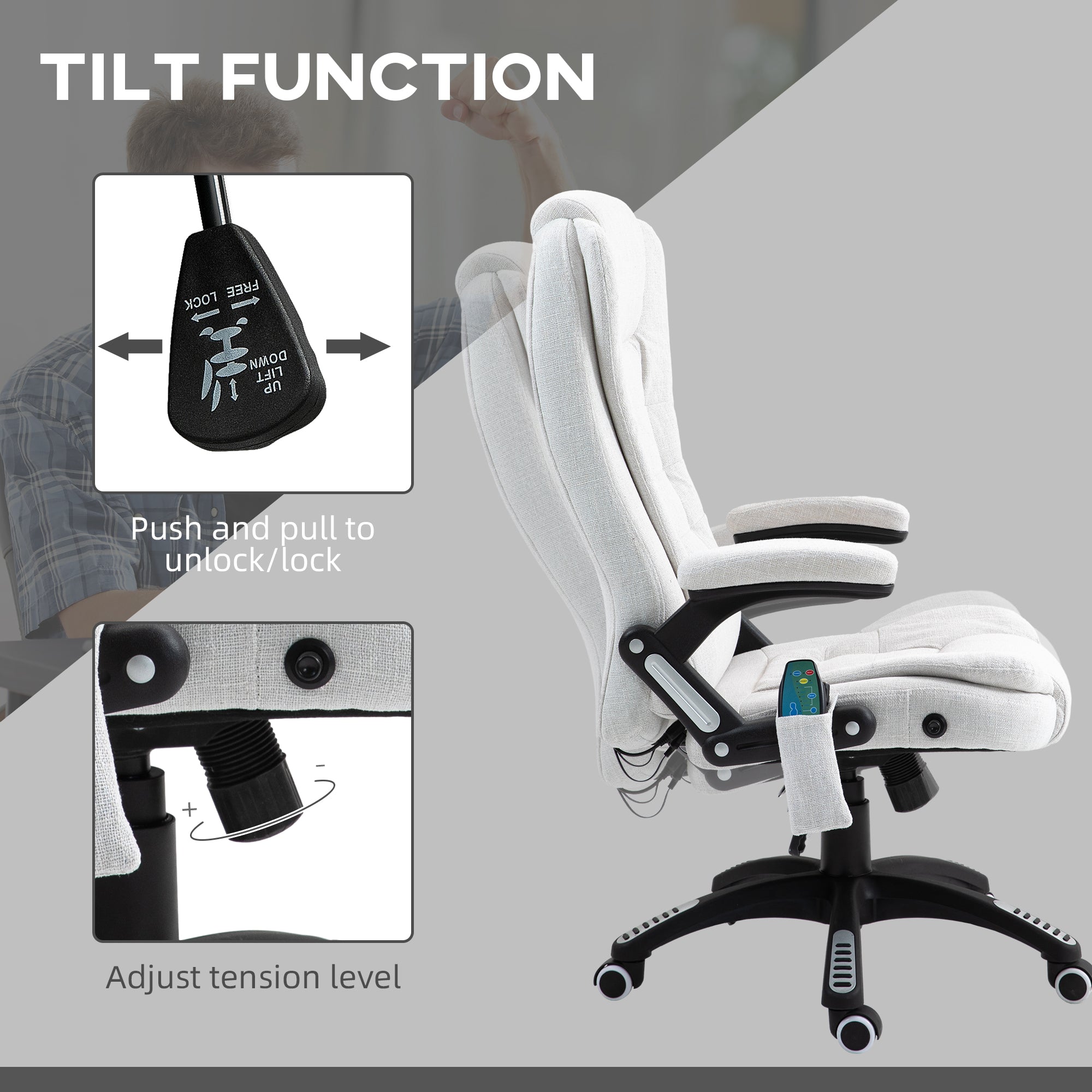 Vinsetto Massage Recliner Chair Heated Office Chair with Six Massage Points Linen-Feel Fabric 360° Swivel Wheels Cream White - anydaydirect