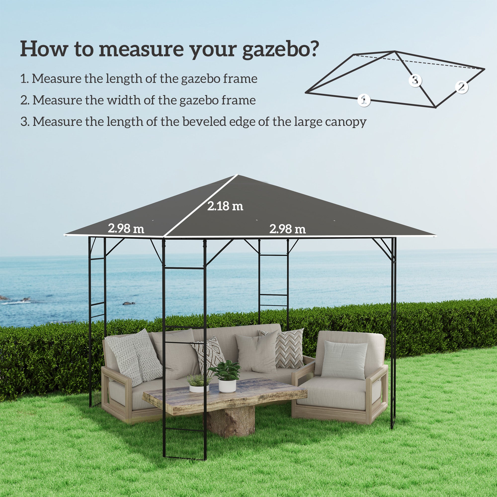 Outsunny 3 x 3(m) Gazebo Canopy Replacement Cover, Garden Gazebo Roof Replacement with Drain Holes, Water Resistant PVC Coating, 370g/?, UPF30+, TOP COVER ONLY, Grey - anydaydirect