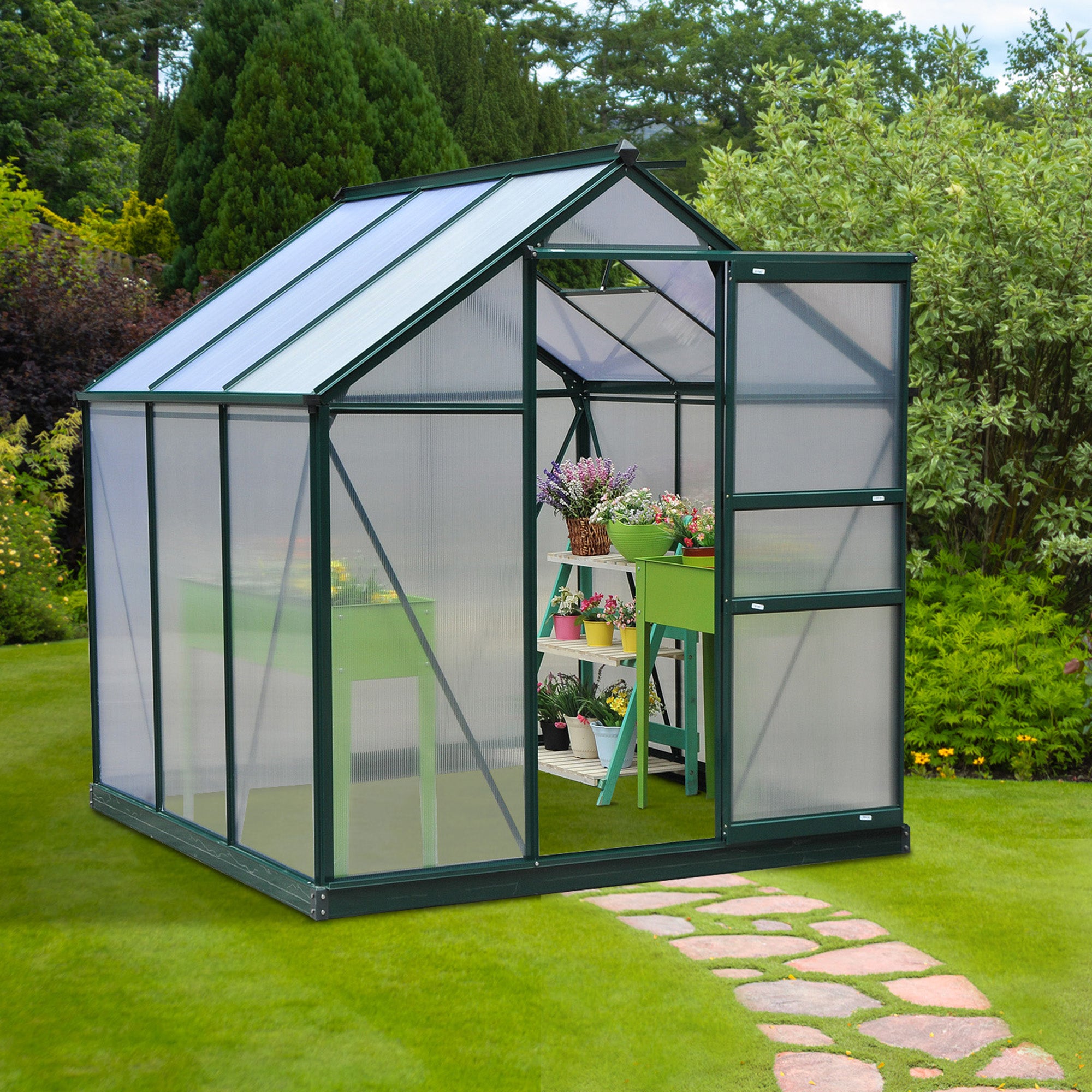 Outsunny 6 x 6ft Polycarbonate Greenhouse, Large Walk-In Green House with Slide Door and Window, Garden Plants Grow House with Aluminium Frame and Foundation, Dark Green - anydaydirect