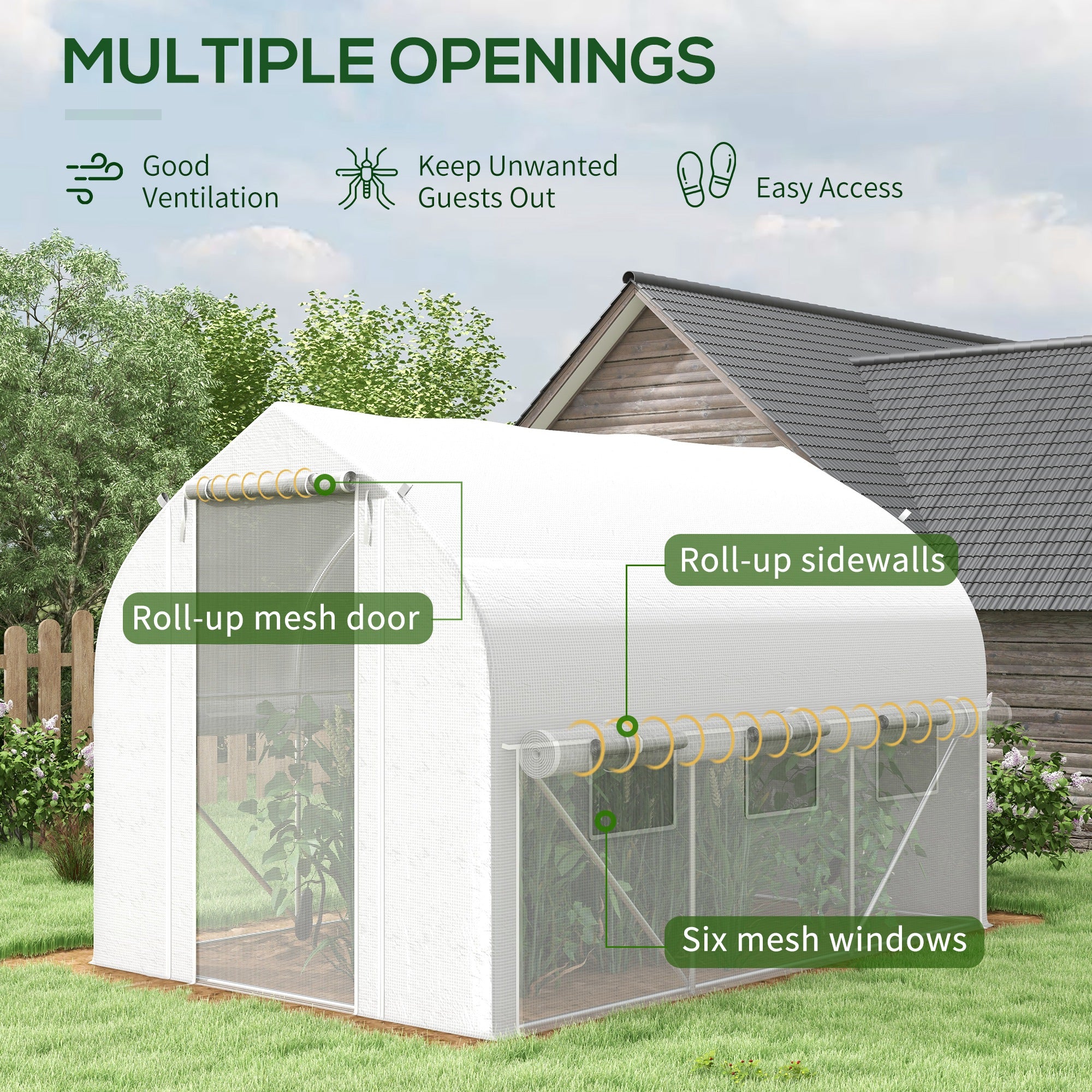 Outsunny 3 x 2(m) Walk-in Polytunnel Greenhouse, Zipped Roll Up Sidewalls, Mesh Door, 6 Mesh Windows, Tunnel Warm House Tent with PE Cover, Complimentary Plant Labels and Gloves, White - anydaydirect