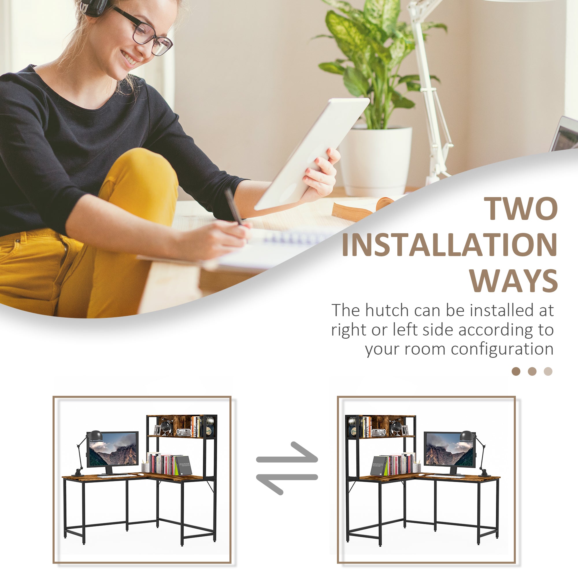 HOMCOM Reversible L Shaped Desk with Hutch, Industrial Computer Desk, Corner Desk with Storage Compartments and Steel Frame for Home Office, Study, 140 x 125cm, Brown - anydaydirect