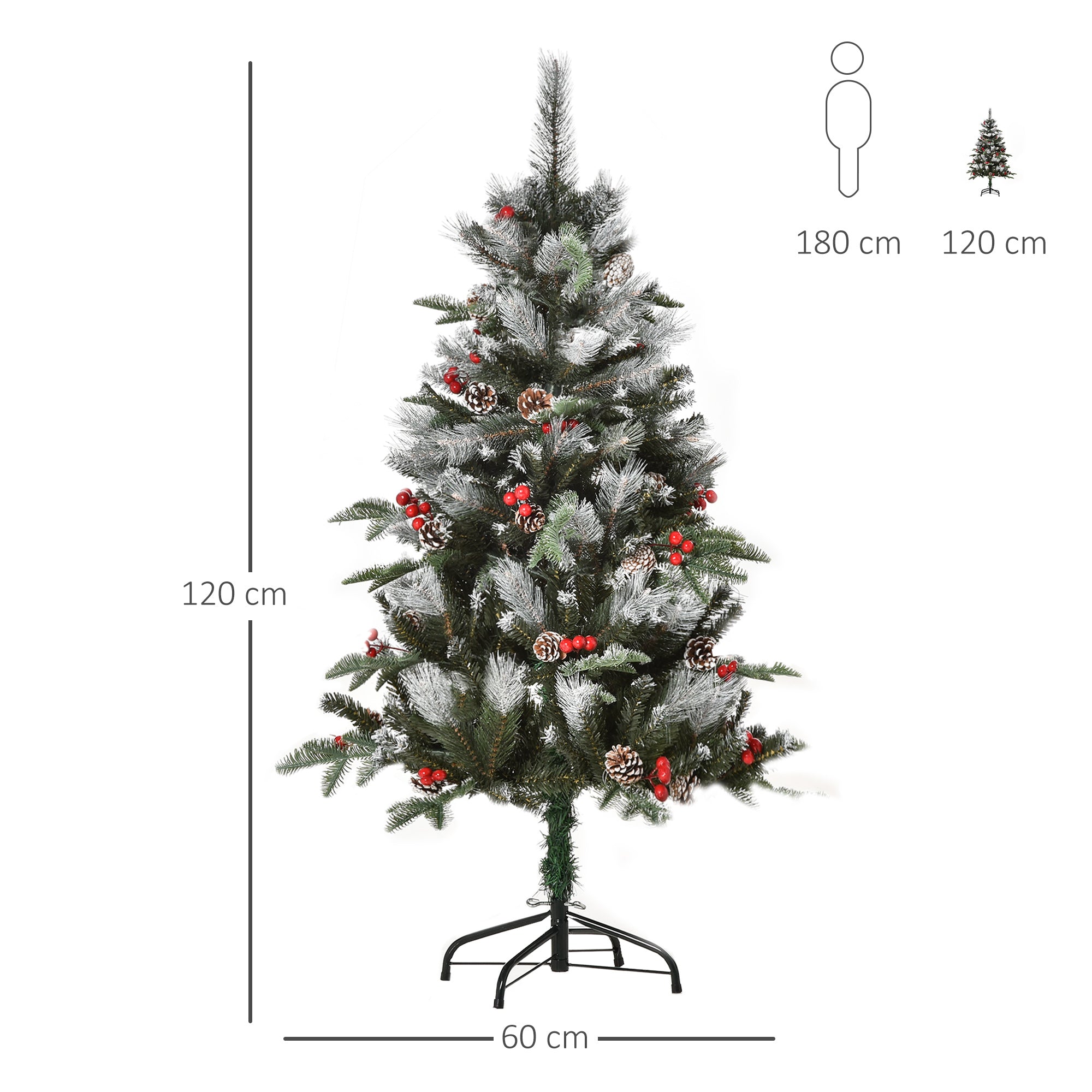 HOMCOM 4FT Artificial Snow Dipped Christmas Tree Xmas Pencil Tree Home Party Decoration w/ Foldable Feet Berries & Pinecones, Green - anydaydirect