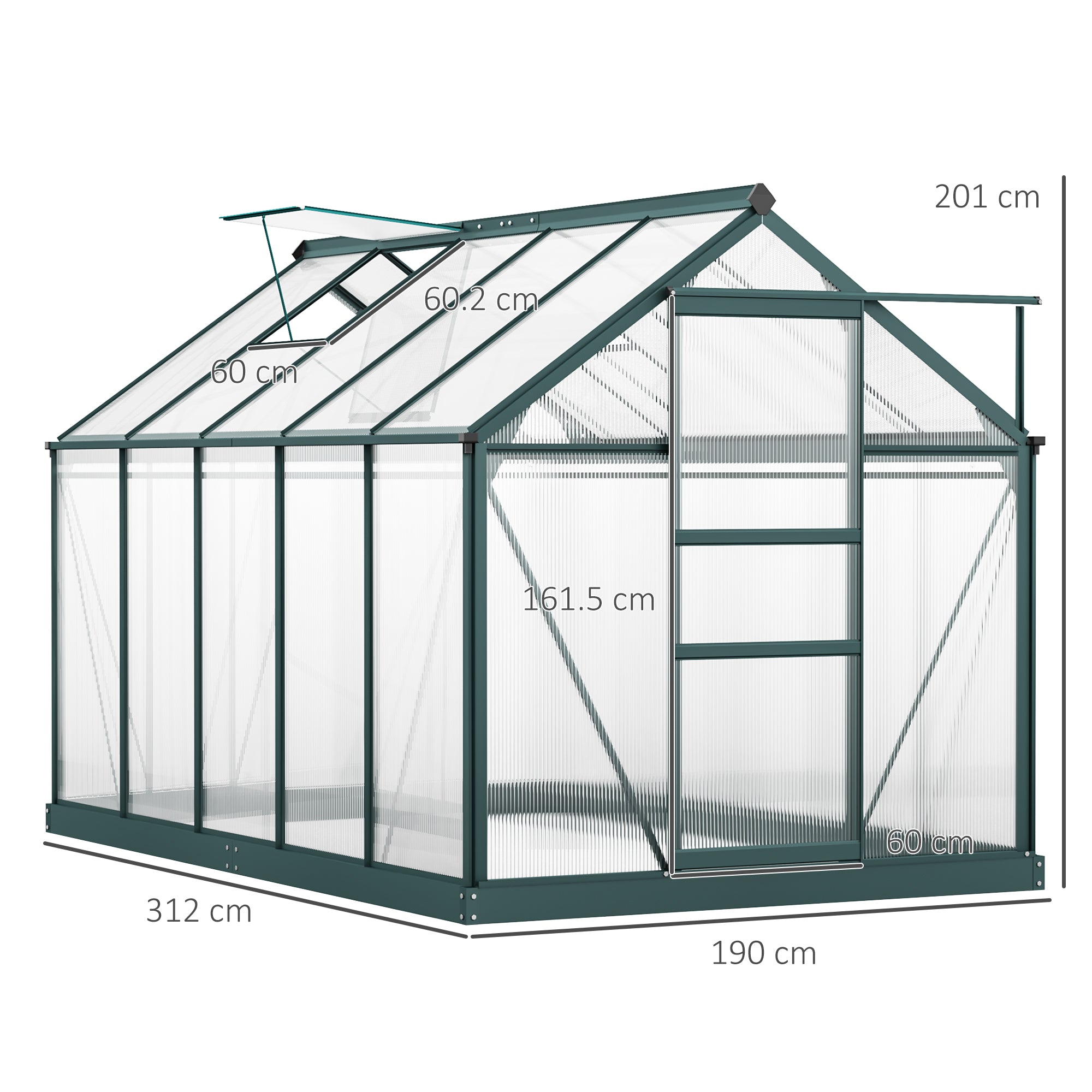 Outsunny 6 x 10ft Polycarbonate Greenhouse, Large Walk-In Green House with Slide Door and Window, Garden Plants Grow House with Aluminium Frame and Foundation, Dark Green - anydaydirect